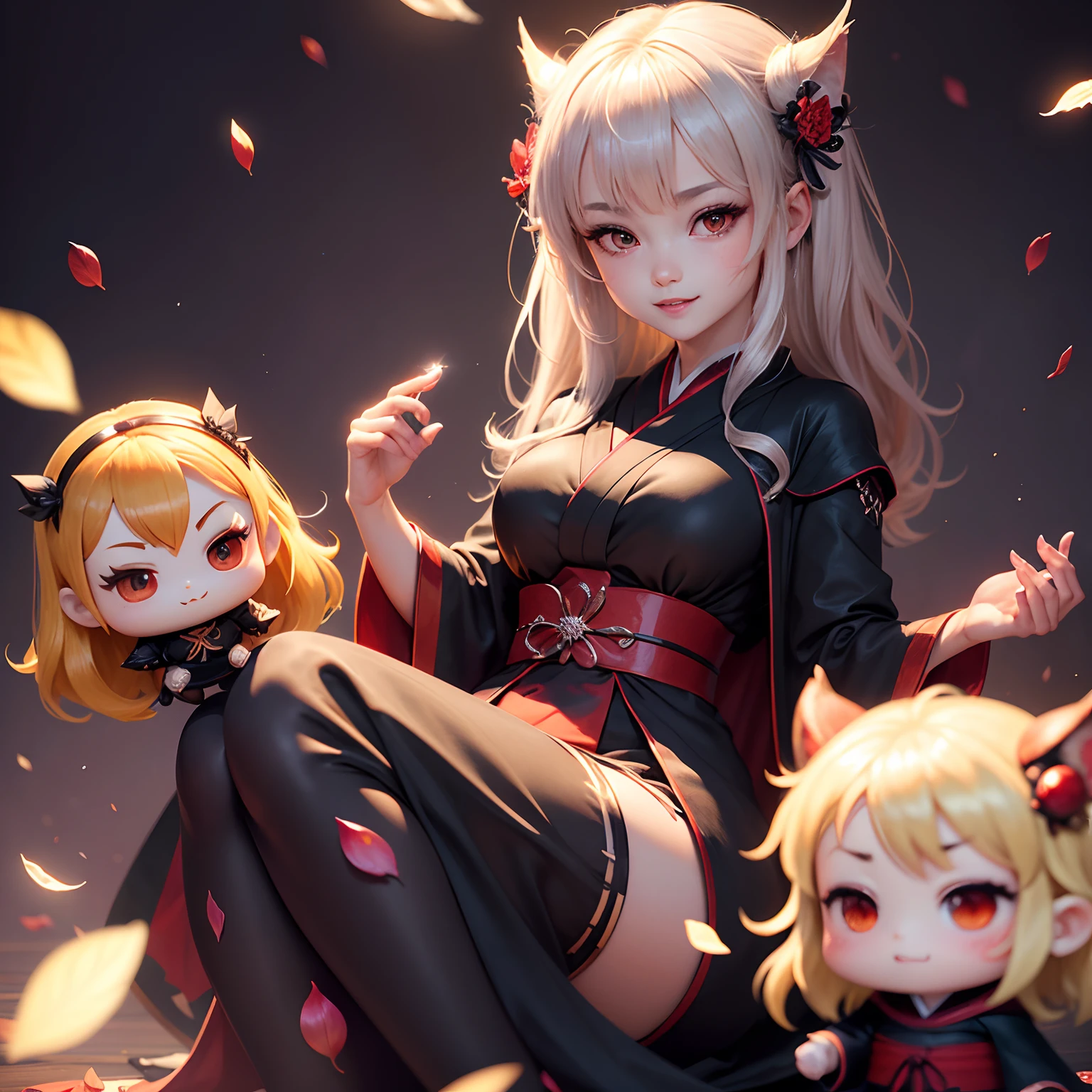 finest image, detailed and delicate depiction, Japanese painting, ukiyo-e style, (chibi character, deformed, full body, big head:1.5, line art), cute vampire, fearless smile, double teeth, messy blonde medium hair, paw pose, red dress and black cloak, wings, iridescent light glass crystal metal-plated fantasy room, background that emits fantastic light, light particles, light sparkles, iridescent light particles, many falling petals, professional lighting