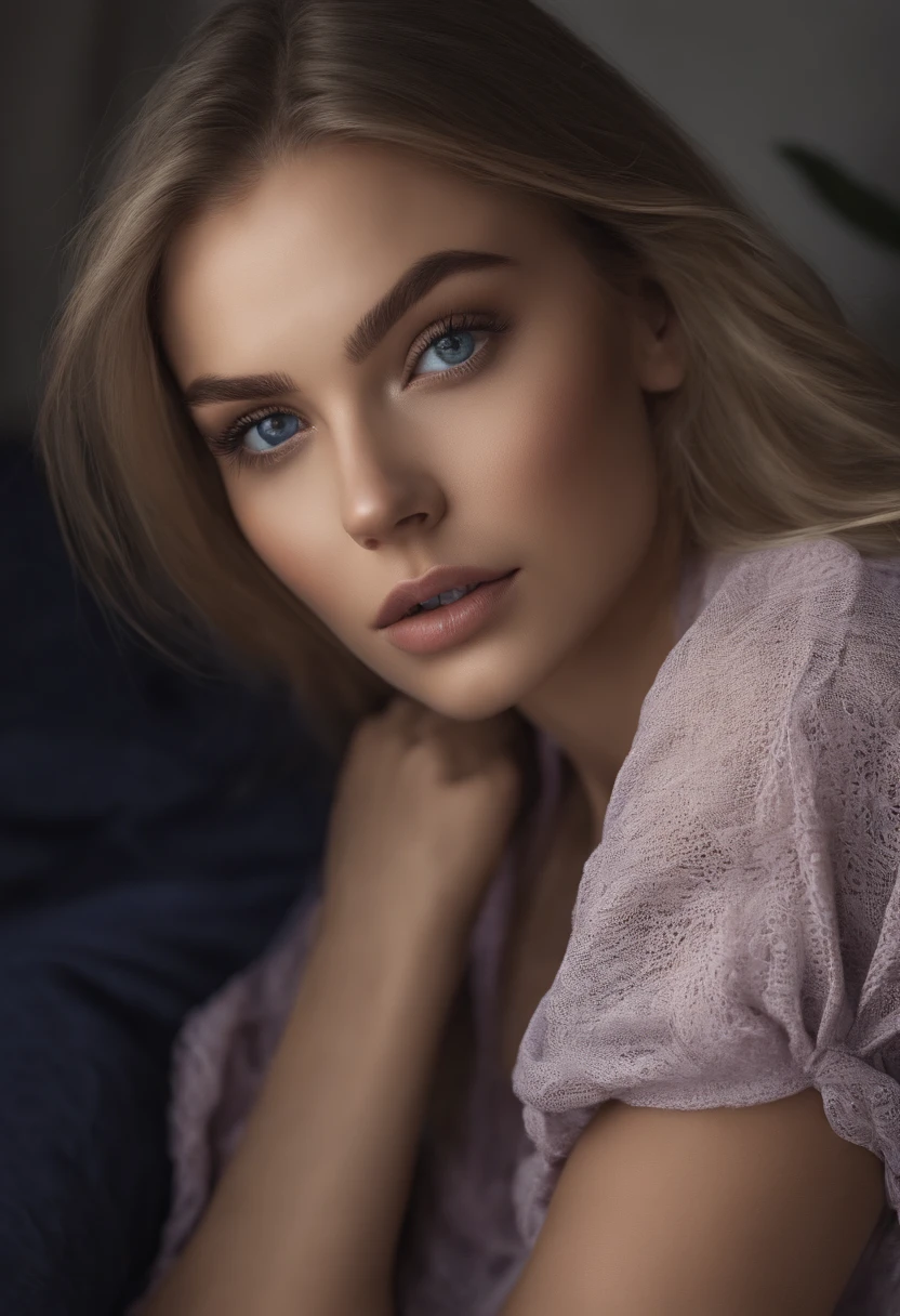 Arafed woman completely , fille sexy aux yeux bleus, ultra realist, Meticulously detailed, Portrait Sophie Mudd, cheveux blonds et grands yeux, selfie of a young woman, Yeux de chambre, Violet Myers, sans maquillage, maquillage naturel, looking straight at camera, Visage avec Artgram, Maquillage subtil, Great photo of the whole body kneeling on the bed, grandes hanches, Very large bust, dans la chambre, dressed in sportswear