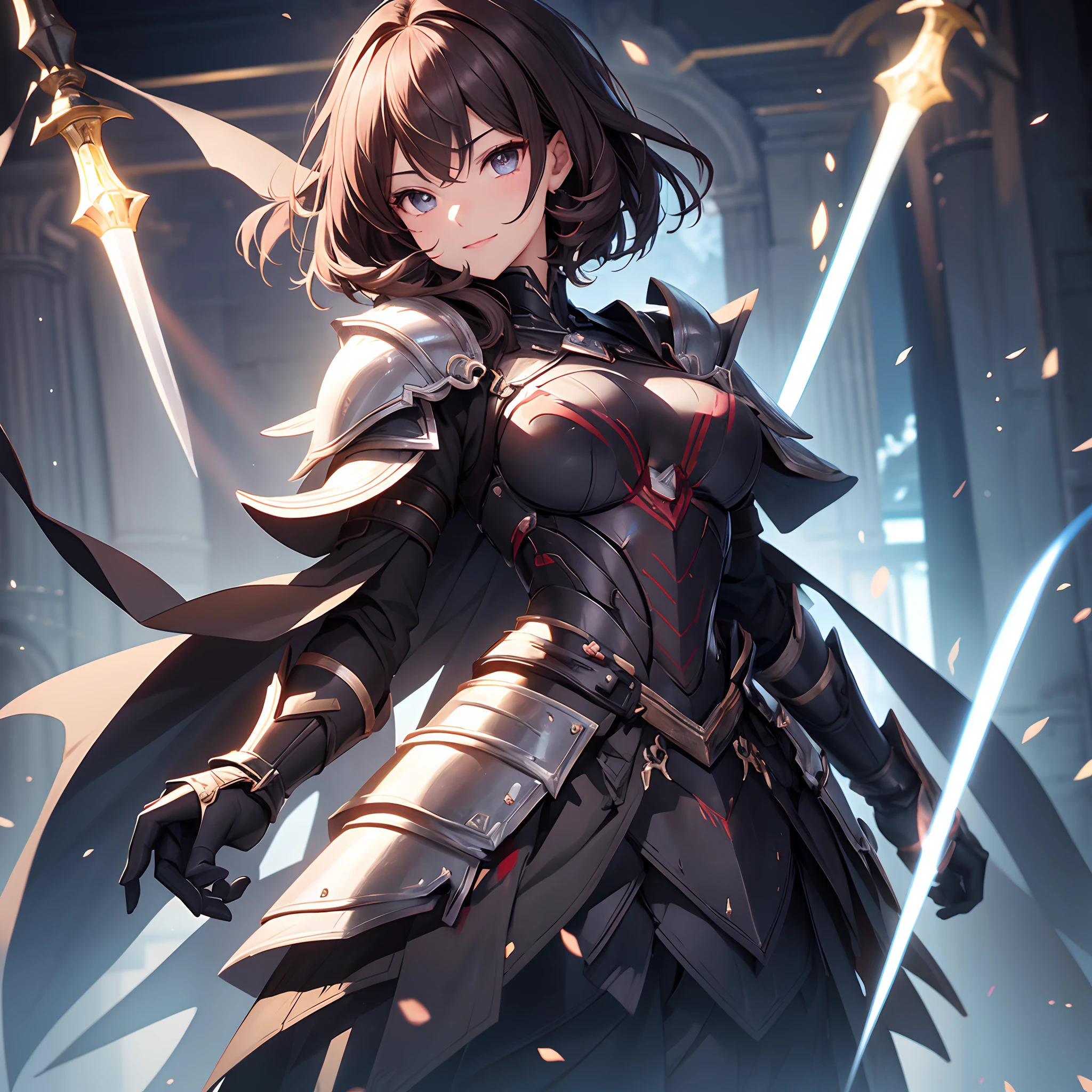 1 girl, bob, center part, forehead, brown hair, piercing, brown eyes, smile,
BREAK (masterpiece), (high resolution 8K), cinematic lighting, professional lighting, detailed eyes and face, detailed body,
BREAK embroidery breastplate ,metal accent cape, thighhighs,
BREAK standing, contrapposto,