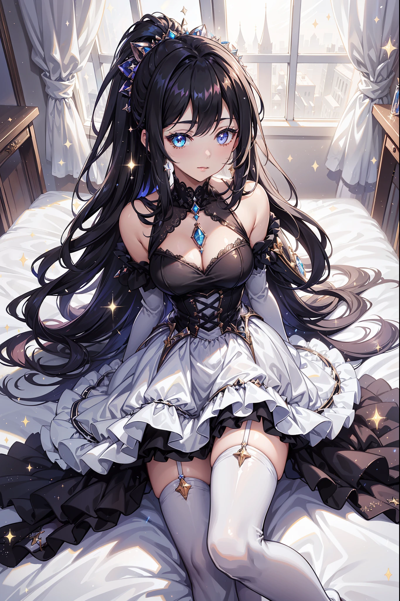 (glitters:1.2), (Sparkle:1.2), (Shine:1.2), (Best quality), (Masterpiece:1.2),,Extremely colorful，Colorful，Beautiful and delicate face and hair，Complete body，Black and white double ponytail，Princess dress，Lace，folds，Ruffles， White stockings Long legs，Muffin shoes，Seductive pose，Luxurious bedroom，the night