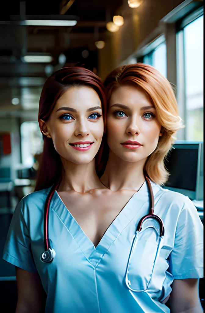 ((2heads)),full shot body photo of the most beautiful photograph in the world featuring beautiful nurse, blue eyes, red hair, blonde, detailed eyes, hazel eyes,ssitting on hospital, smiling, white outfit, nostalgia, sexy, stethoscope, heart professional majestic Intricate, High Detail, Sharp focus, dramatic, photorealistic painting art by midjourney and greg rutkowski