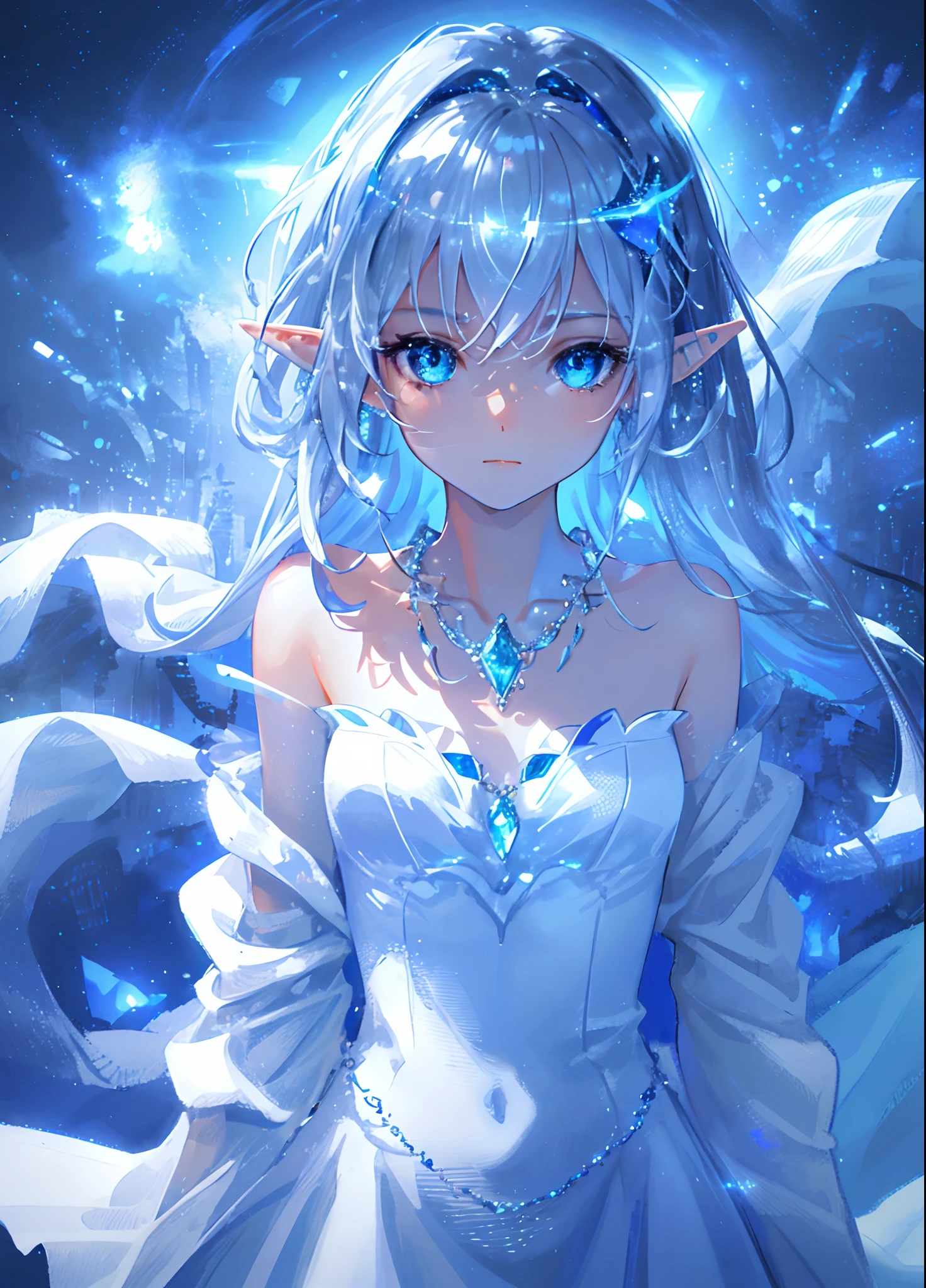 masterpiece, best quality, illustration, sax blue, platinum necklace, white dress, 1elf girl, cute, cinematic lighting, delicate facial features, detailed eyes, sharp pupils, realistic pupils, depth of field, bokeh, sharp focus, many small gems, {8k cg wallpaper}