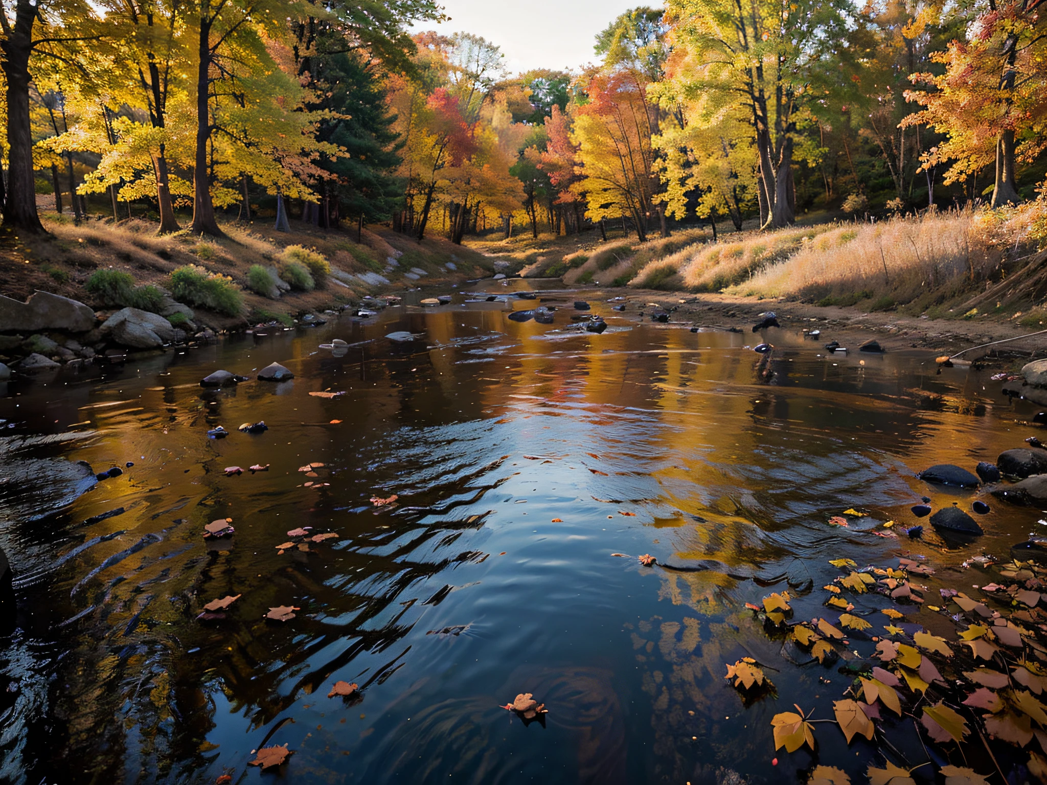 a small creek in the sunset with fall leaves around: landscape with reflective water, sunrise in background, fall foliage. The photo is taken with a Canon EOS R camera and has a cinematic, hyper-realistic quality with vibrant colors and sharp details.HDR, 32k, perfect  composition , masterpiece.
