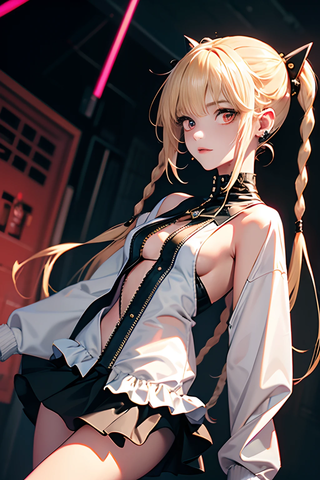 optimum，tmasterpiece，hight resolution，best qualtiy，hyper HD，super detailing，awardwinning，16 K，独奏，（The upper part of the body），anatomy correct，Beautiful cyberpunk girl，cute  face，，a blond、Longhaire、Twin-tailed、Braids, Hairline，（（scarlet eyes）），long eyelasher，Hanging eye corners，White skin of the，（small tit），（Slim body），（（Women's Extra Short Shawl Leather Jacket）），（（Racing_Suit）），（（High-Low_long  skirt）），Ear studs，（neck rings），（Laser material clothing：1.2）