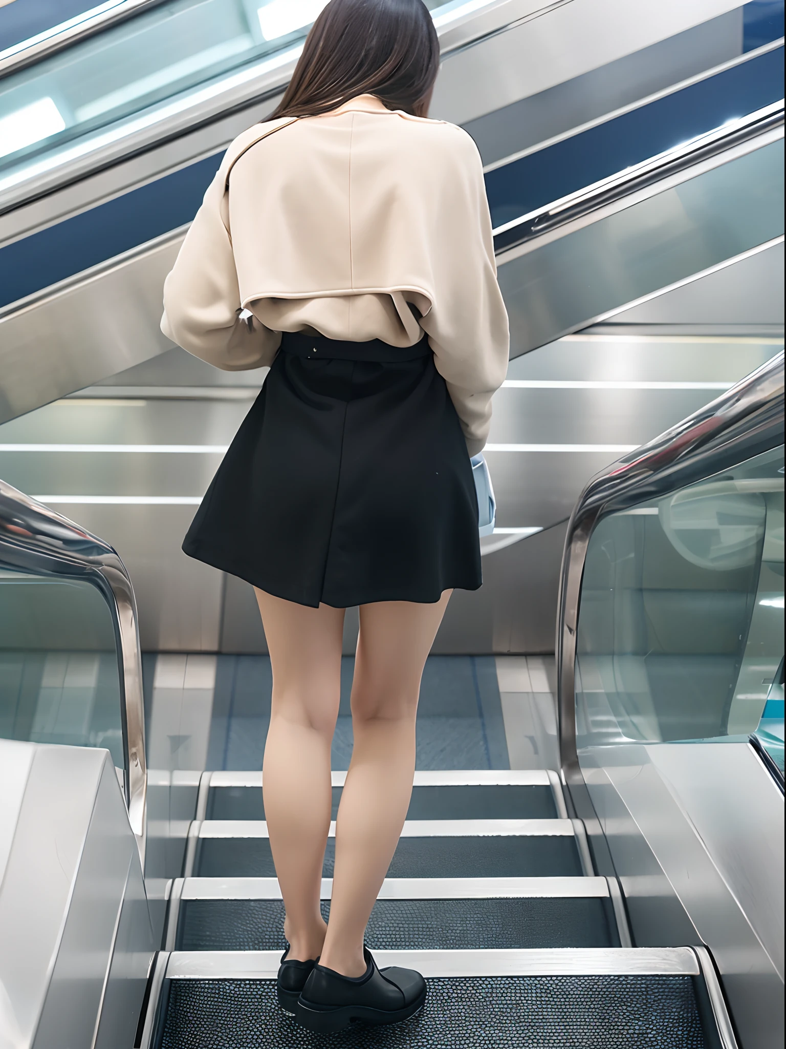 Up Escalator Skirt、short coat、bottom body close up、View from behind、Very low camera angle、Slouched、bent forward