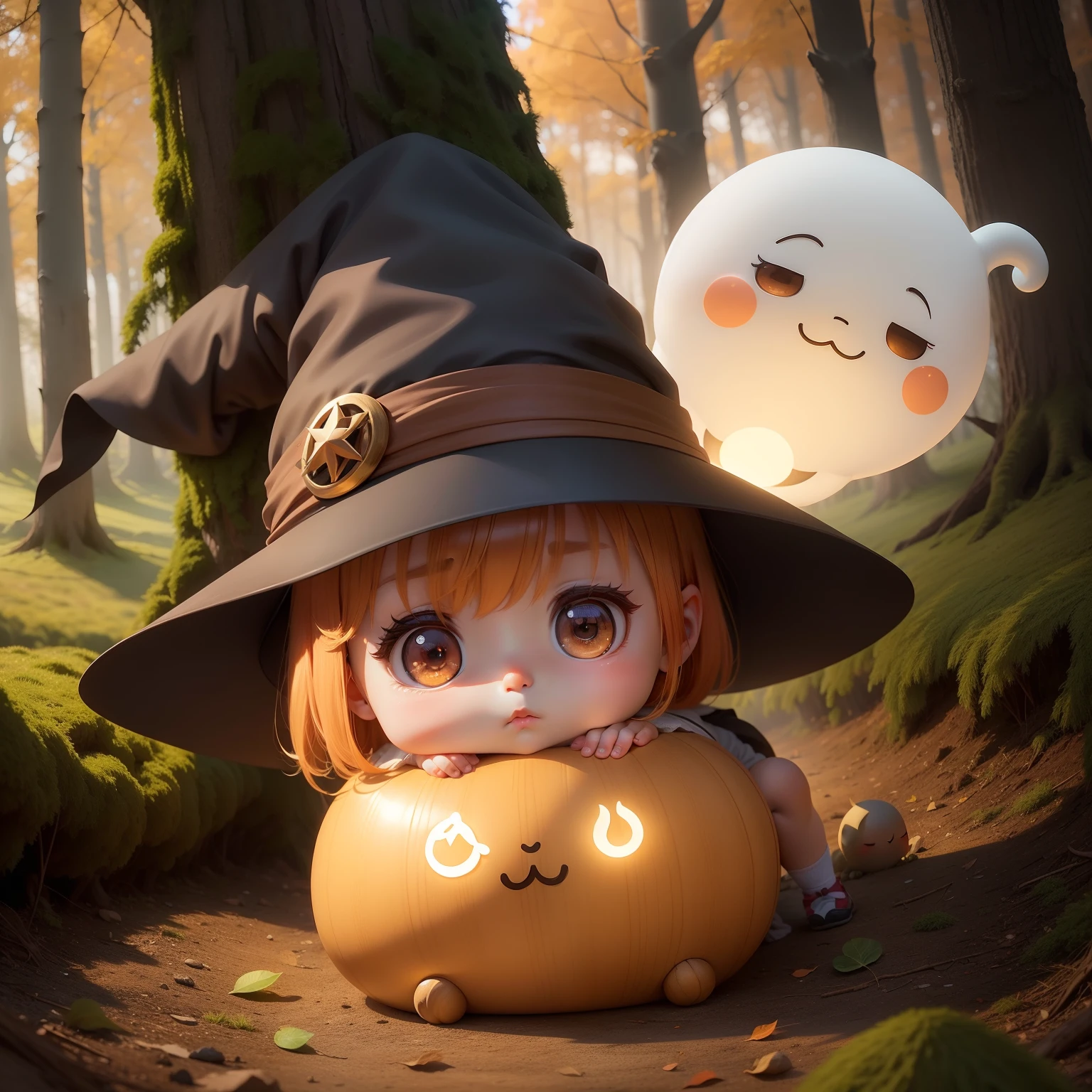 In the autumn forest、Chibi  Anime Witch，Chibi Ghost、Best Quality、top-quality