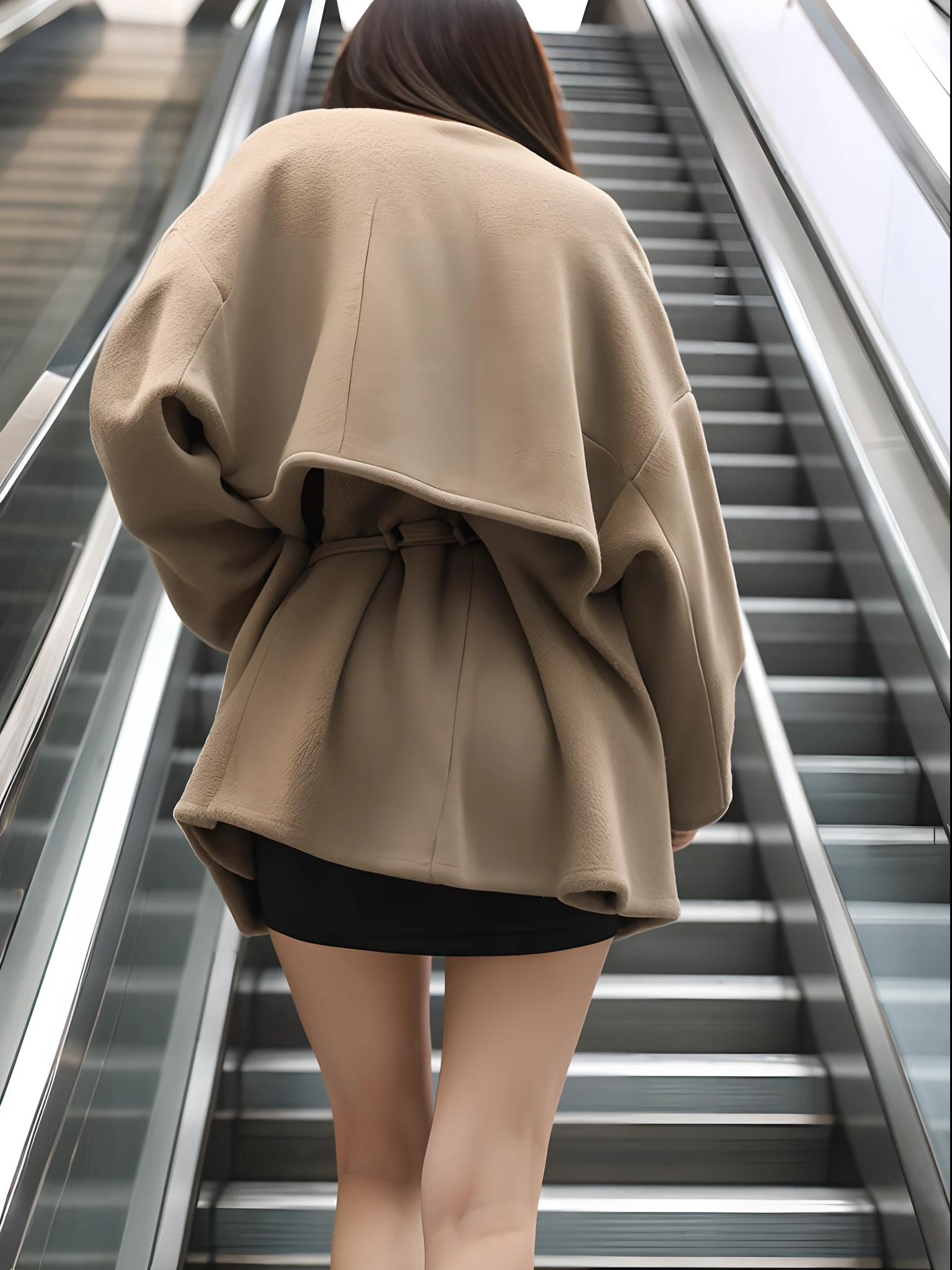 Up Escalator Skirt、short coat、bottom body close up、View from behind、Very low camera angle、slouch a little、bent forward