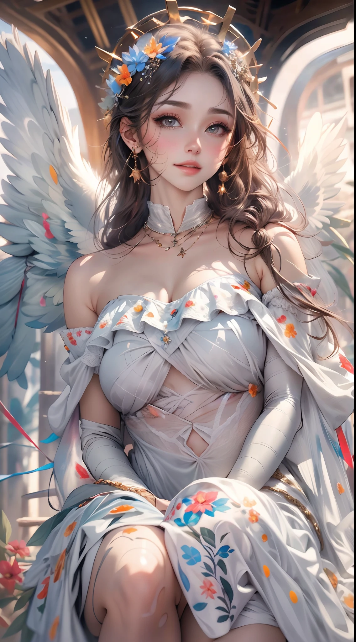 masterpiece, top quality, 8K, real person, realistic, very dense CG, shiny skin, fully focused, heaven, divine glory, radiant, angel, blessing, happiness,