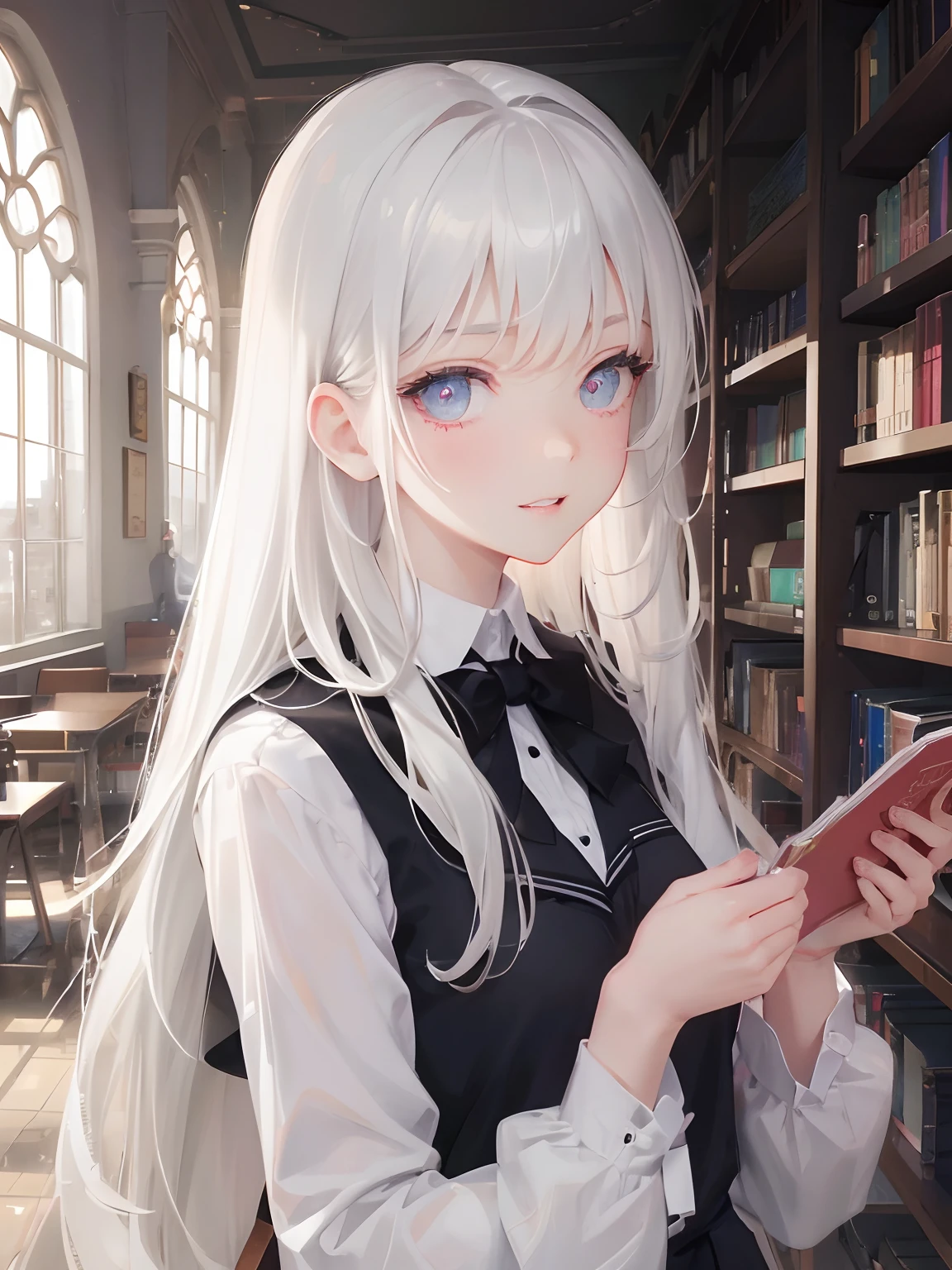 masutepiece, Highest Quality, (Perfect face:1.1), (high detailing:1.1), (ultradetailed eyes), Dramatic,  superfine illustration, Extremely detailed, 1girl in, (pale skin), long white hair, Ethereal eyes, (light eyebrow), Solo, Long hair, School uniform, Pouty lips, Proud Expression, Cinematic lighting,  School uniform, One-person viewpoint, Standing, In the library, holding a book in hand, laughing