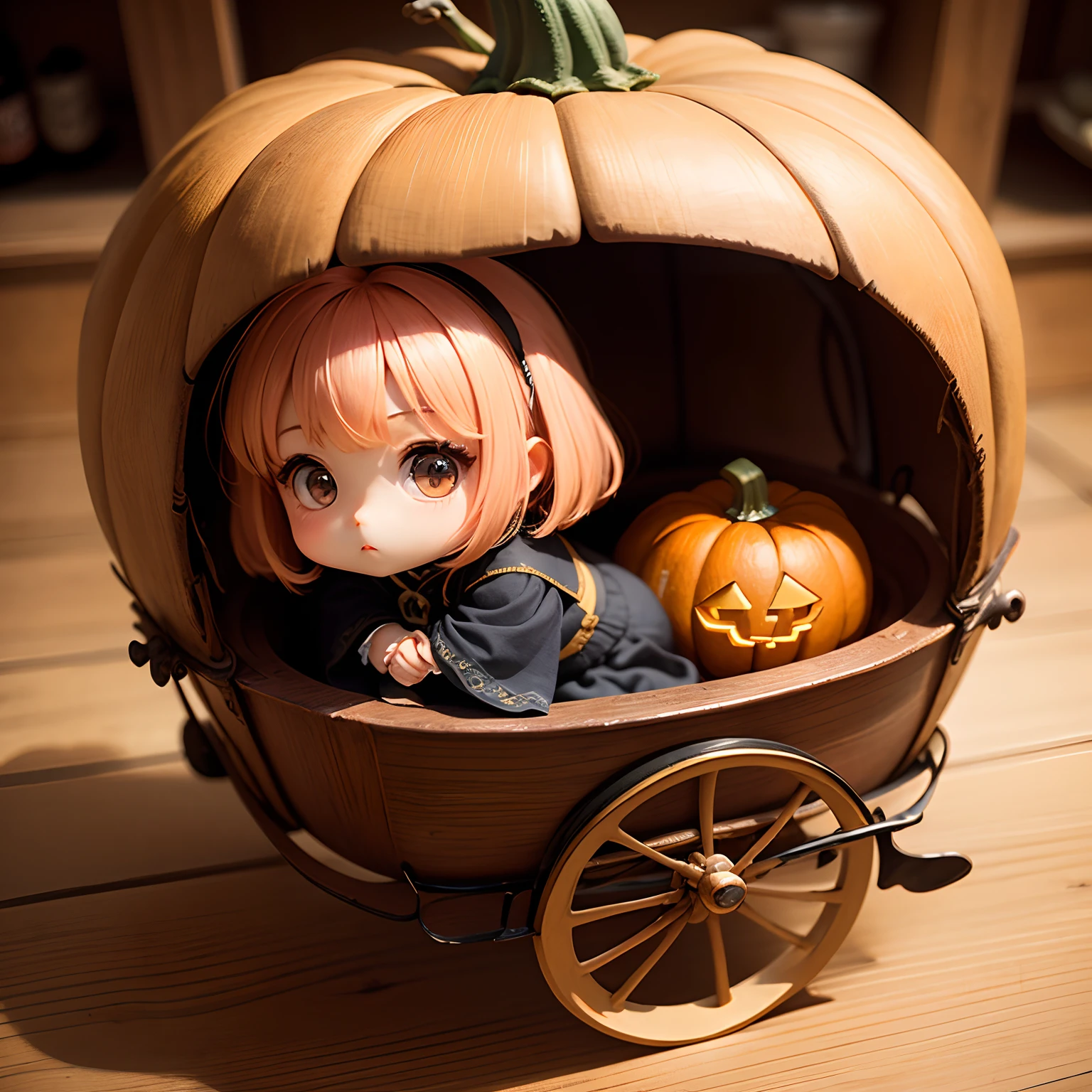 ​masterpiece、top-quality、ultra-detailliert、(Chibi Chara's Daughter:1.2)、Antique sundries in a carriage in the shape of a pumpkin、Chibihime、