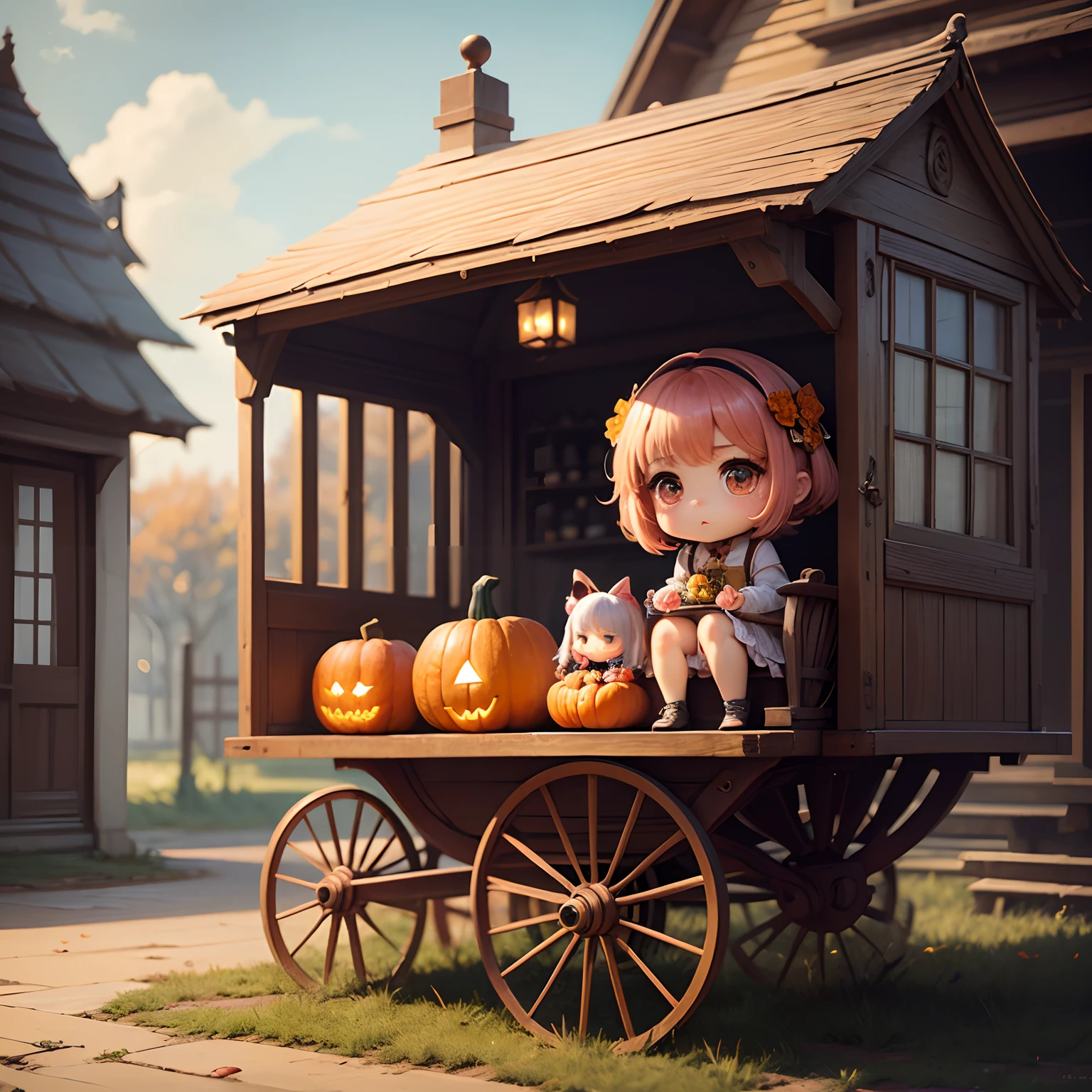 ​masterpiece、top-quality、ultra-detailliert、(Chibi Chara's Daughter:1.2)、Antique sundries in a carriage in the shape of a pumpkin、Chibihime、