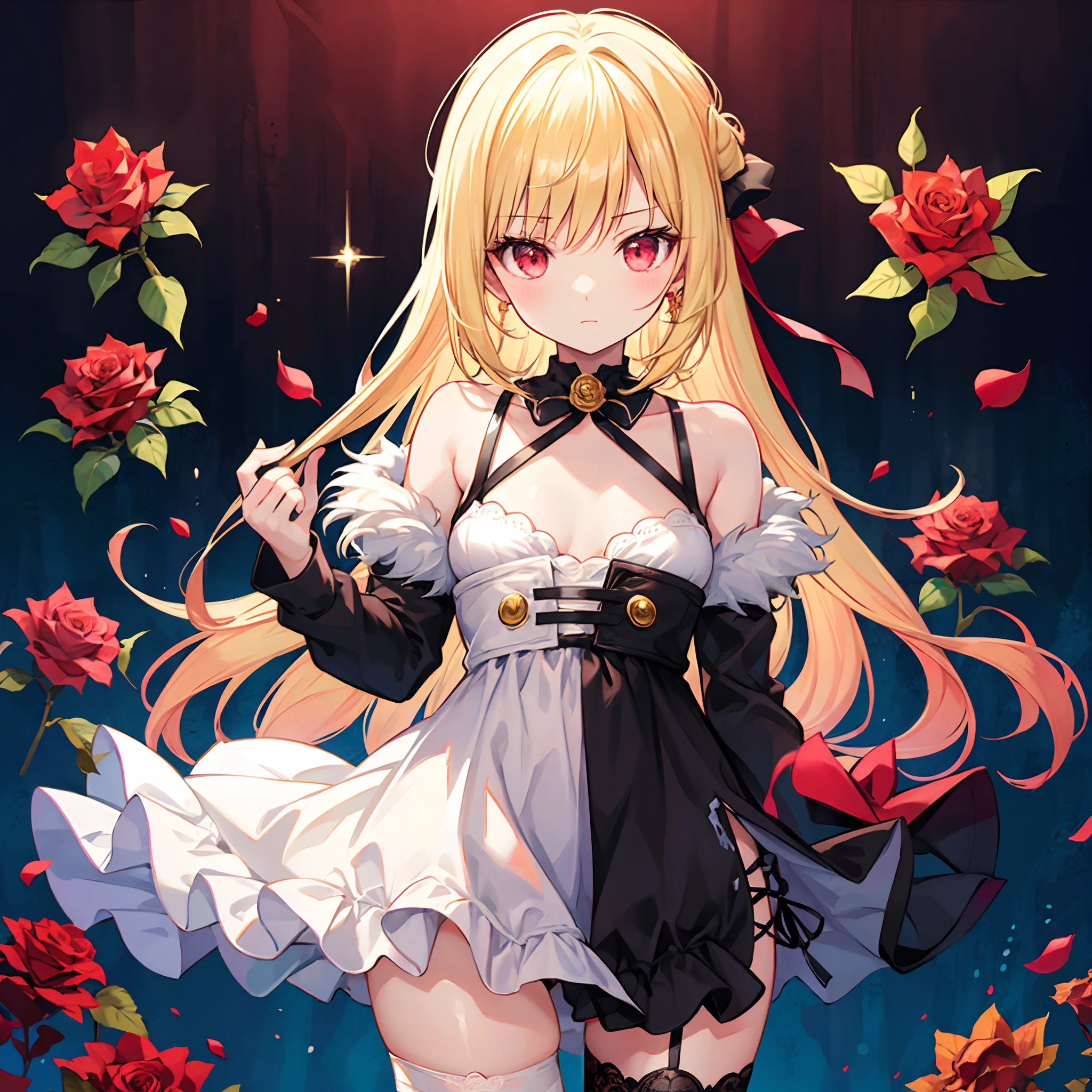 Blonde and red-eyed girl、Fluffy clothes、Surrounded by roses、a miniskirt、Black tights、off shoulders