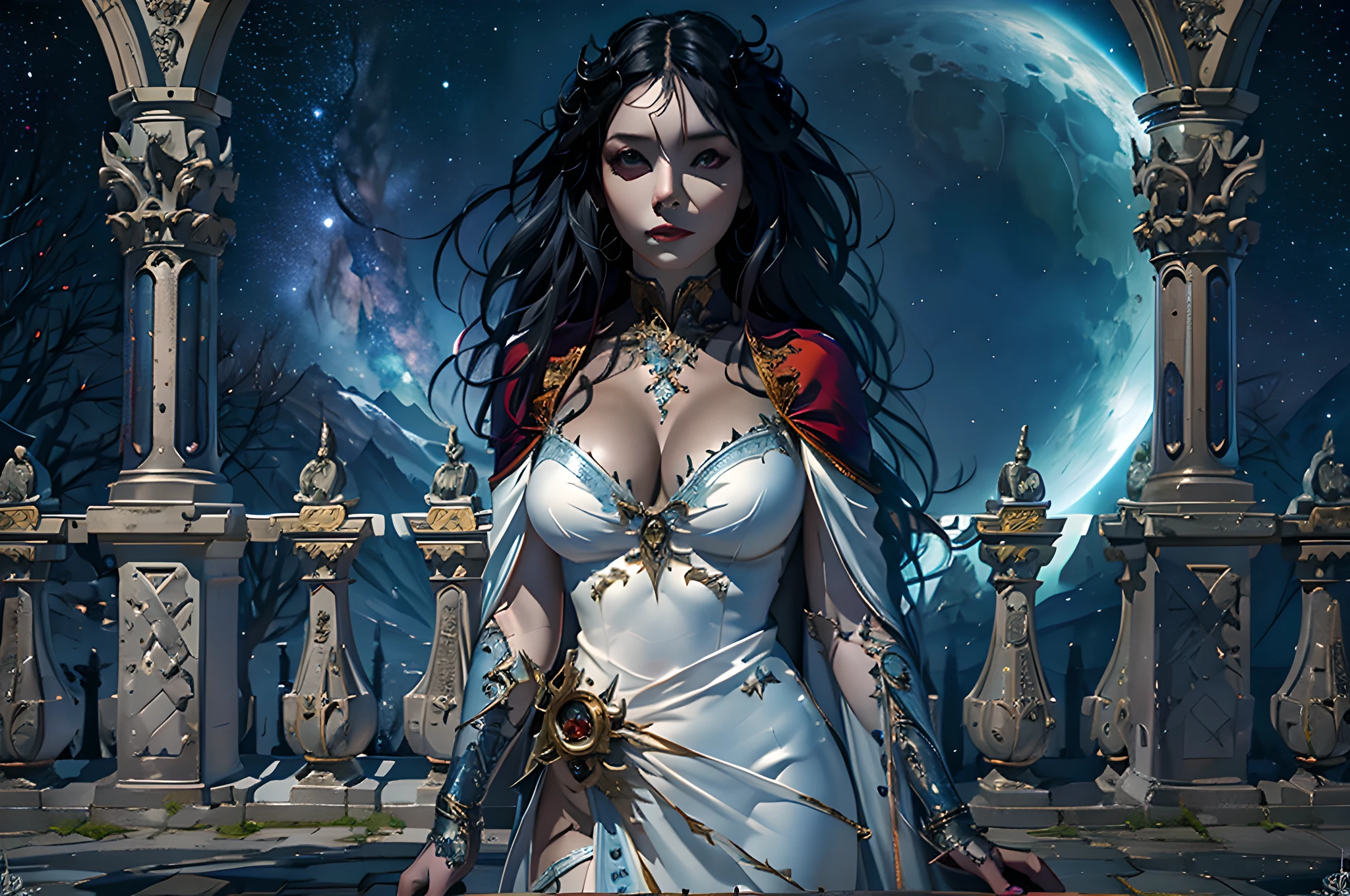 a picture of an exquisite beautiful female vampire standing under the starry night sky on the porch of her castle, dynamic angle (ultra detailed, Masterpiece, best quality), ultra detailed face (ultra detailed, Masterpiece, best quality), ultra feminine, (black skin: 1.3), black hair, wavy hair, dynamic eyes color, cold eyes, glowing eyes, intense eyes, dark red lips, [fangs], wearing white dress (ultra detailed, Masterpiece, best quality), wearing blue cloak (ultra detailed, Masterpiece, best quality), long cloak, flowing cloak (ultra detailed, Masterpiece, best quality), wearing high heeled boots, sky full of stars background, moon, bats flying about, high details, best quality, 8k, [ultra detailed], masterpiece, best quality, (ultra detailed), full body, ultra wide shot, photorealism, dark fantasy art, dark fantasy art, gothic art, many stars, dark fantasy art, gothic art, sense of dread,
