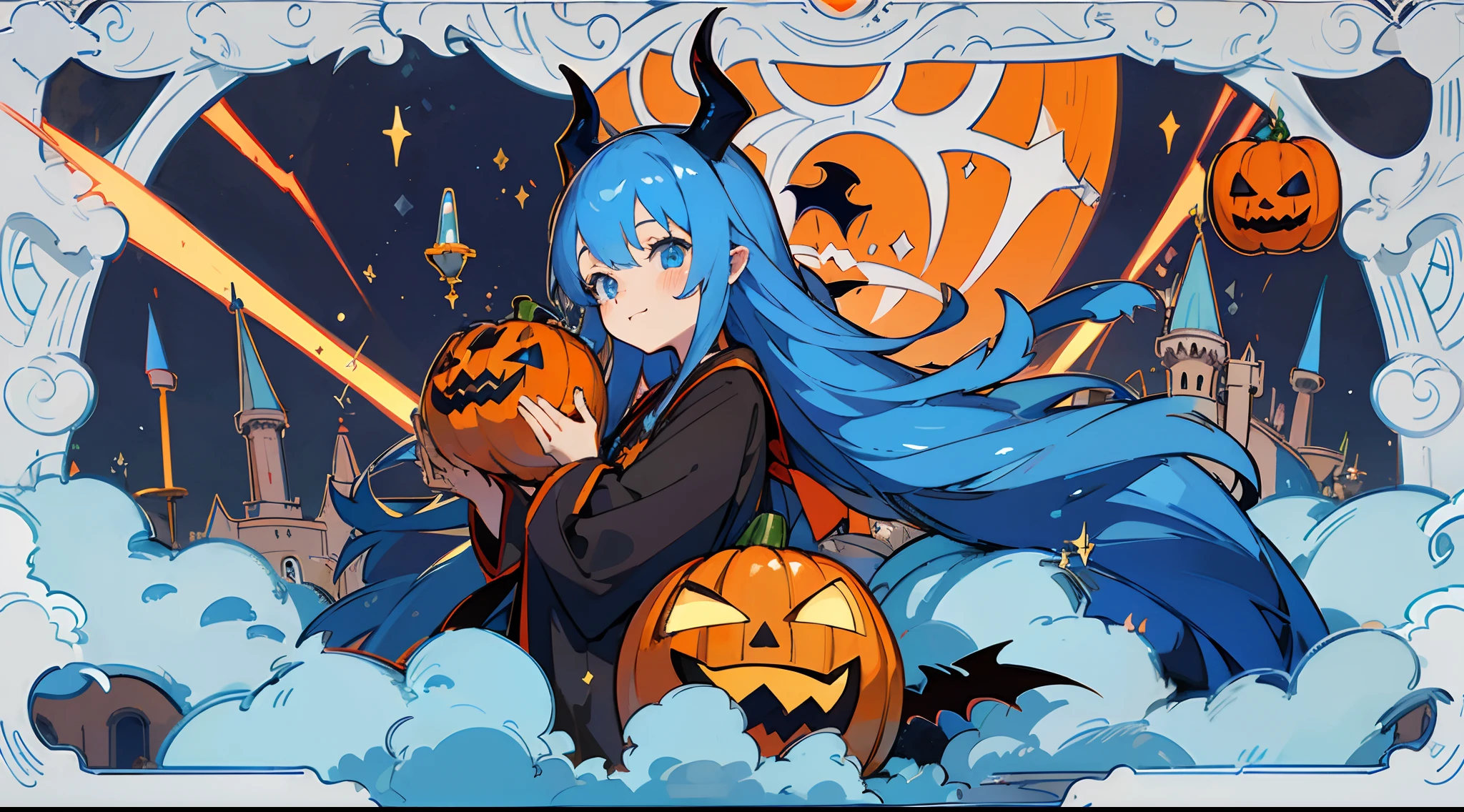 (The skin is not exposed, Small devil,tusk), (Solo), kawaii girl (1), Halloween castle in the background, pumpkins, the bats((Shiny blue super long hair, Shines)), (Faces are very close), (Blue eyes), (Detail Objects)、