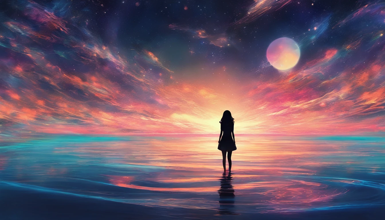 CG,Anime comic style,Surrounded by dark seawater,Sparkling,There is a shimmer at the top,The silhouette of a blurred person is in the middle of the picture,wide angles,The human form is constantly falling