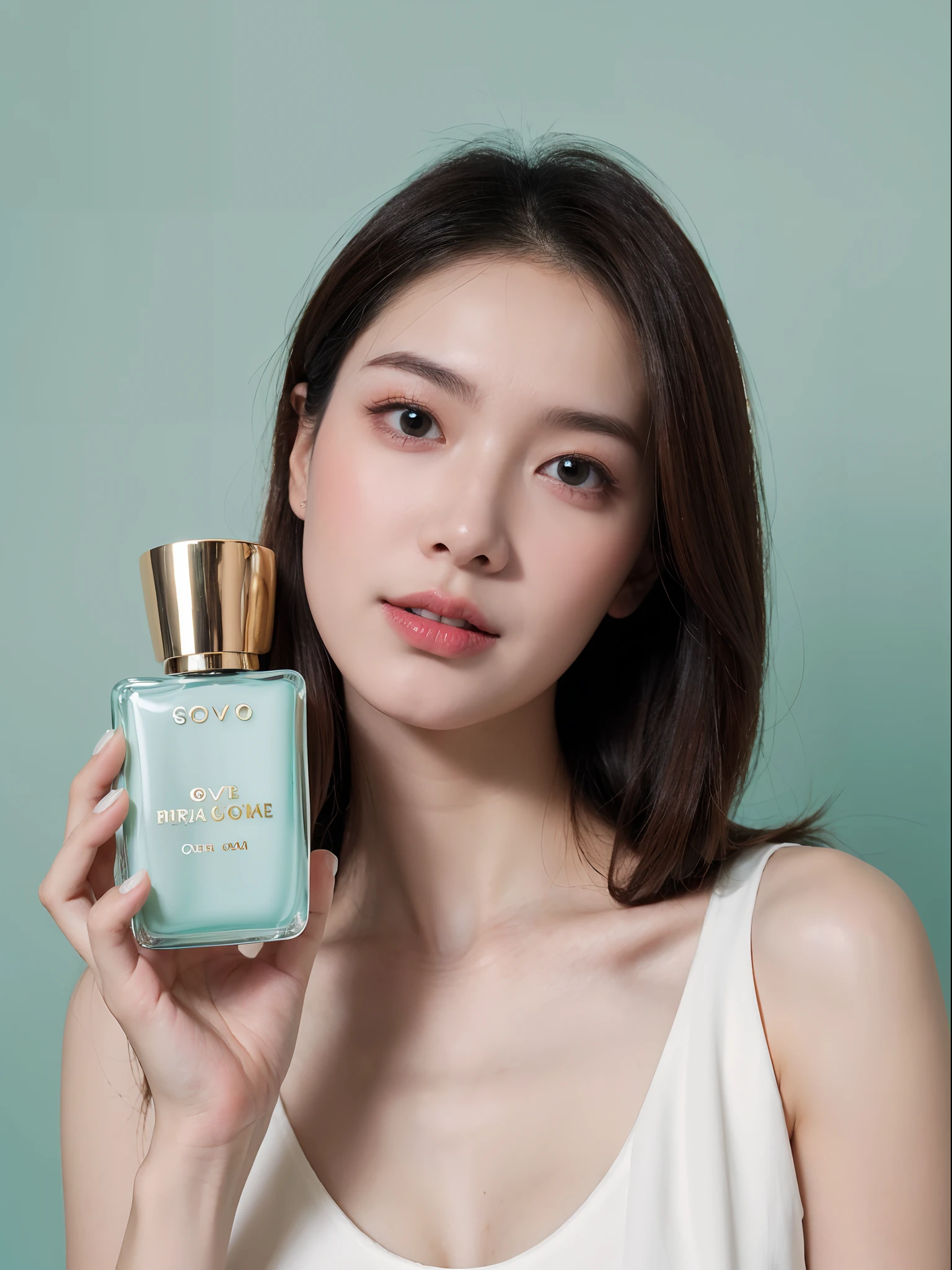 1woman,solo,detailed oval face,realistic eyes,realistic skin, brown hair,holding perfume, beautiful hand, white dress, cute look on her face, head and shoulders portrait, rococo style green turquoise gradient background high quality,masterpiece,extremely, detailed,high res,4k,detailed shadow,ultra realistic,realistic,dramatic lighting