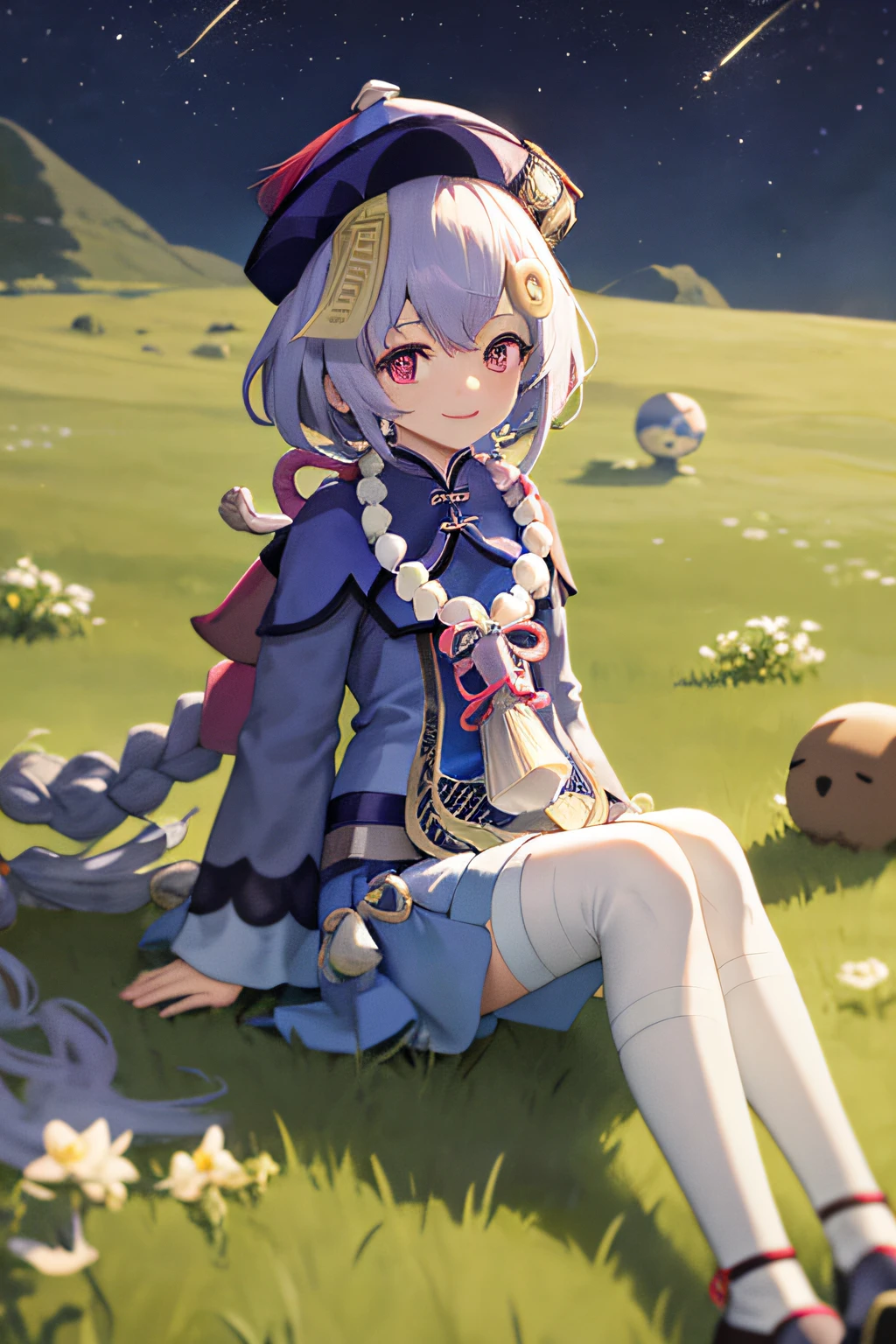 qiqidef, full bodyesbian, sitted, ssmile, Be red in the face, exteriors, the night, meteors, simple backgound, starrysky, short detailed hair, Skysky, grass field, looking at viewert, sat on the ground, mont, moody light,