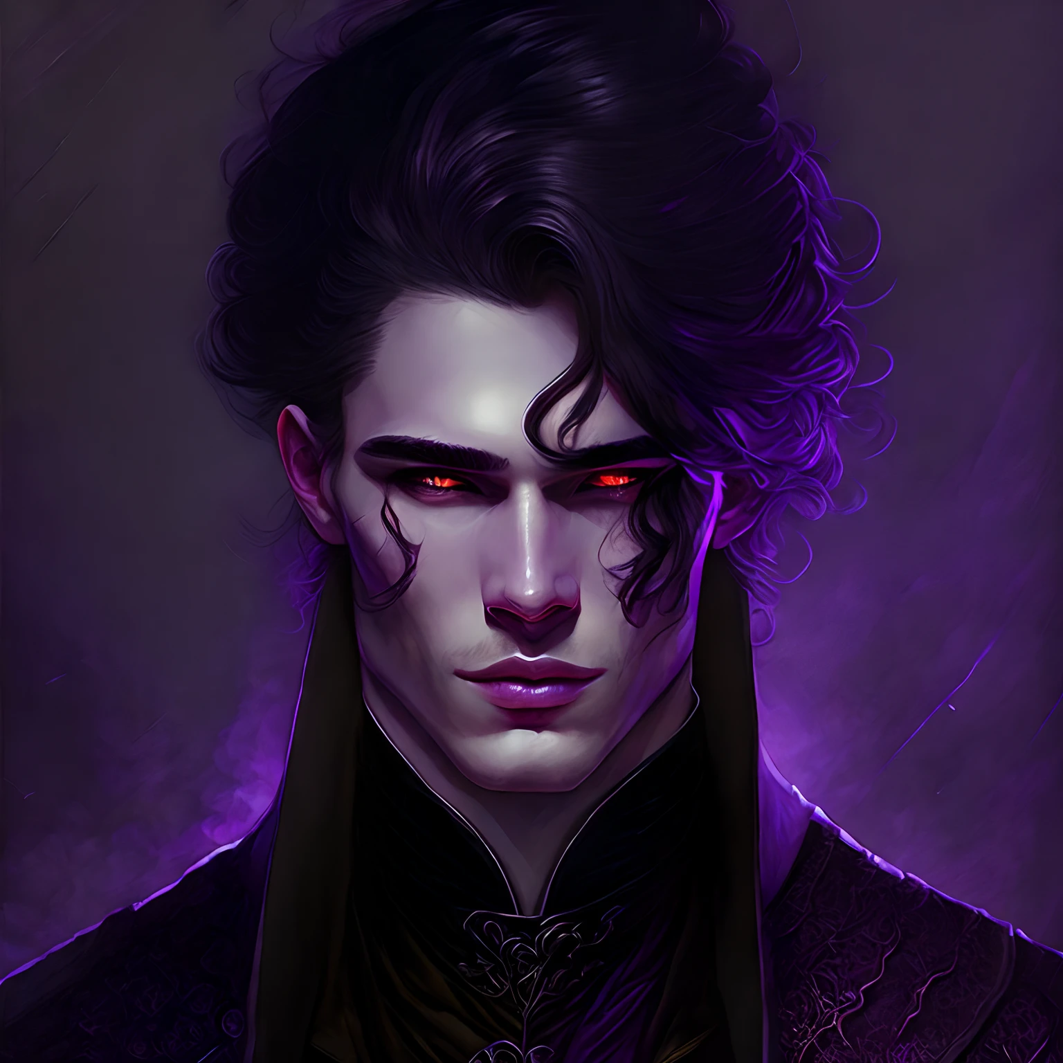 crie um Homem negro com cabelos pretos, Wearing black and dark purple clothes is apparently 25 years old, No estilo de arte Bowater, Retrato colorido, Retrato colorido detalhado, Pintura digital, assemelhando-se a um coreano, pale skin, evil magic, witcher, ritual, darkness