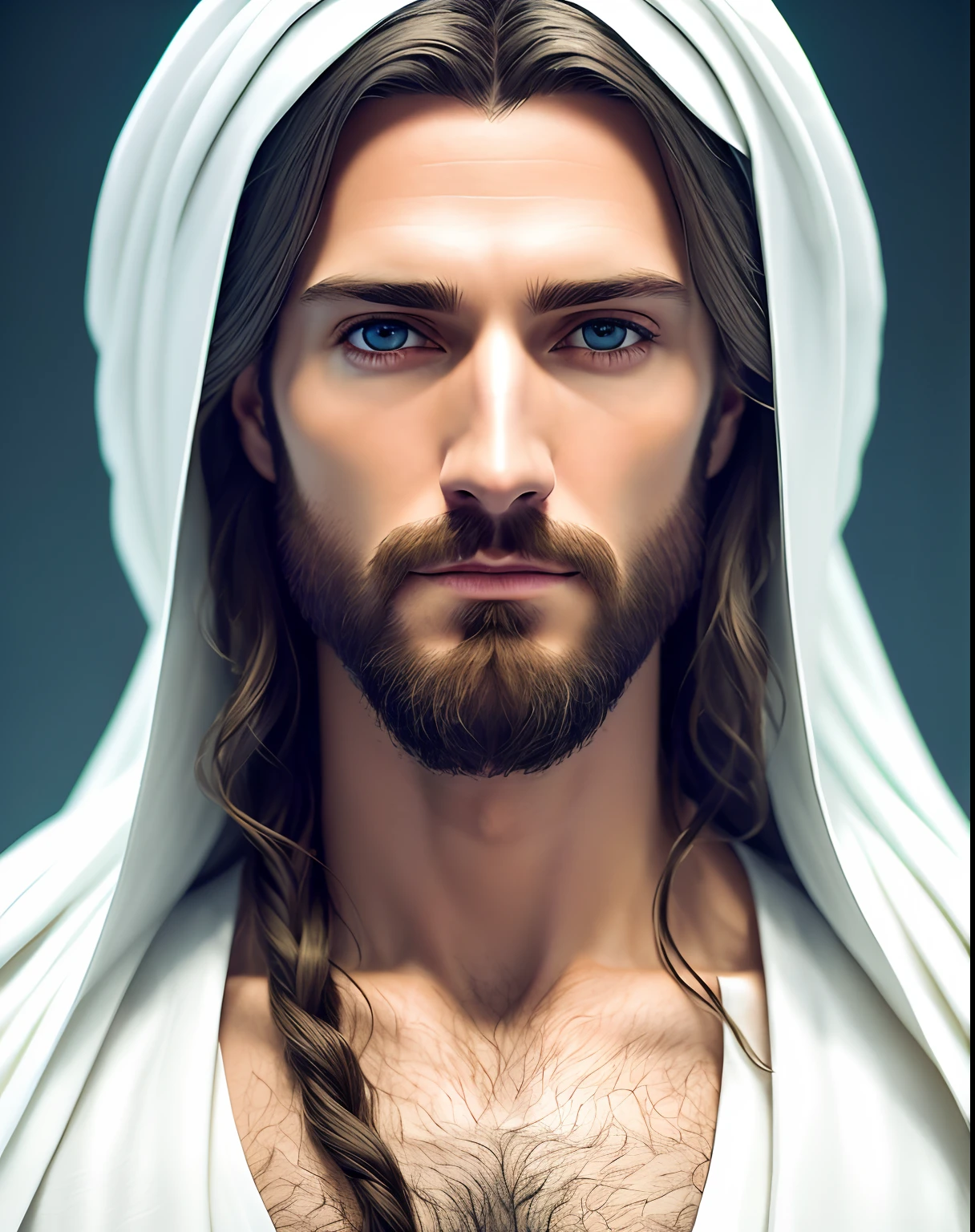 (symmetry),centered,a ((close)) up portrait,(Jesus),a very thin white man with long hair and a beard,wearing a long white robe,35mm,natural skin,clothes detail, 8k texture, 8k, insane details, intricate details, hyperdetailedhighly detailed,realistic,soft cinematic light,HDR,sharp focus, ((((cinematic look)))),intricate, elegant, highly detailed