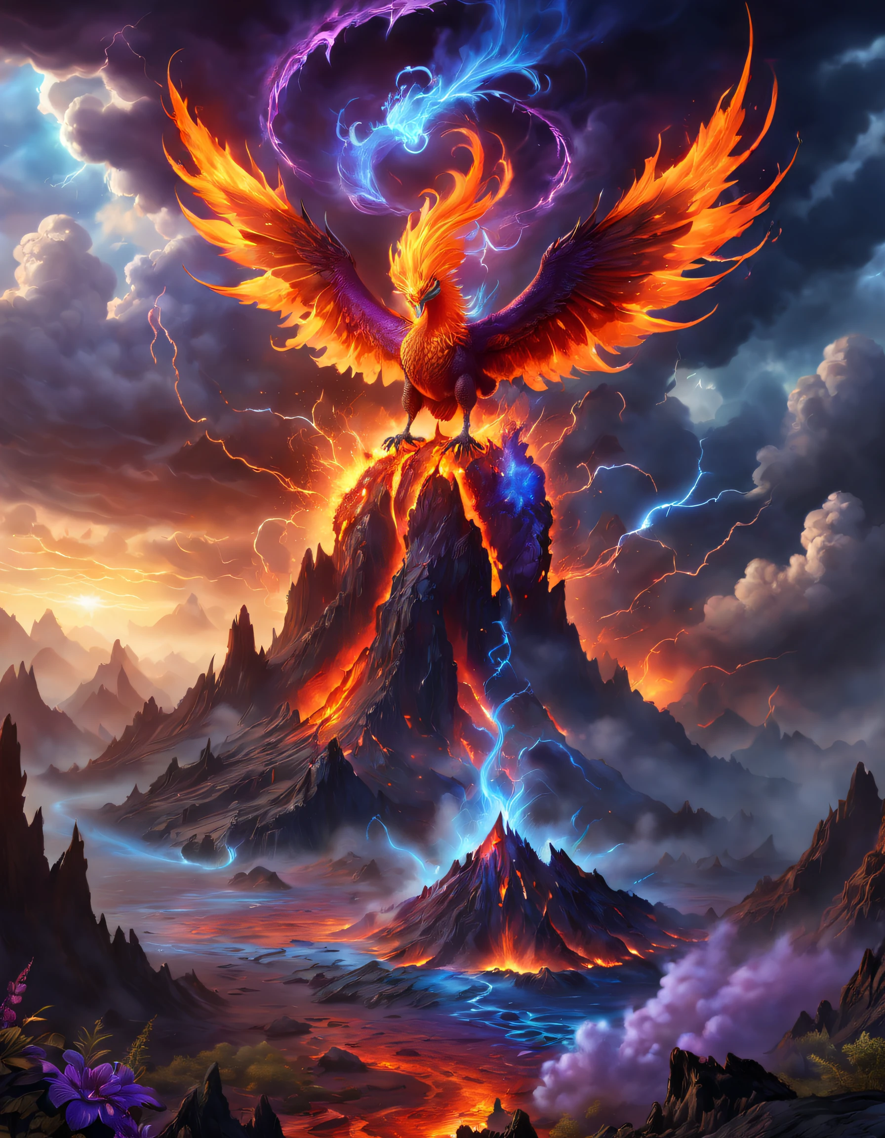 Doomsday landscape，a volcano erupts，Flame sputtering，blasts，molten lava，The phoenix emerged from the smoke，Liquid lava，Colorful phoenix，Paired with purple and blue, fantasy highly detailed, With gorgeous magic lightning rings, magia, beautiful detailed fantasy, hyper-high detail, , magic fantasy highly detailed, stuning fantasy 3 d render, Inspired by L. Highly detailed aesthetics, hyper-high detail