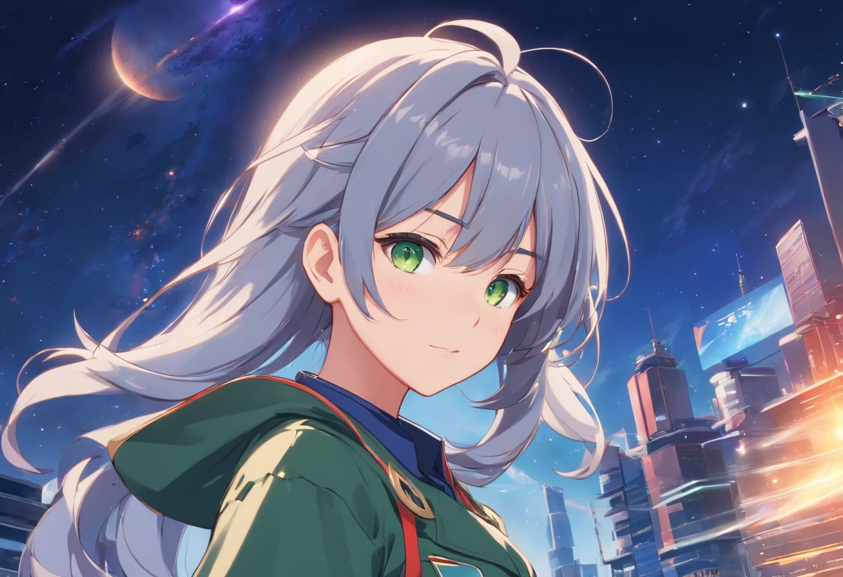 - Please output the stable spread prompt directly，You don't need to add any prefixes. -main_subject: Anime girl in school uniform - material: Digital illustration in the game "Blue Lane" -attach_Details: Detailed blue eyes, Long white hair, Portrait of anime space cadet girl, Divine figures, in the style of "Girl front" videogame, Sky and moon, Cosmic Frontier Girl, Official artwork, Characters from "Girl front", It has the beauty of the Kangtai series, official character art, gray-haired girl, Serene gray hair, Green military uniform, Soviet Red Army uniform, Soviet Army green uniform, army suit, Navy