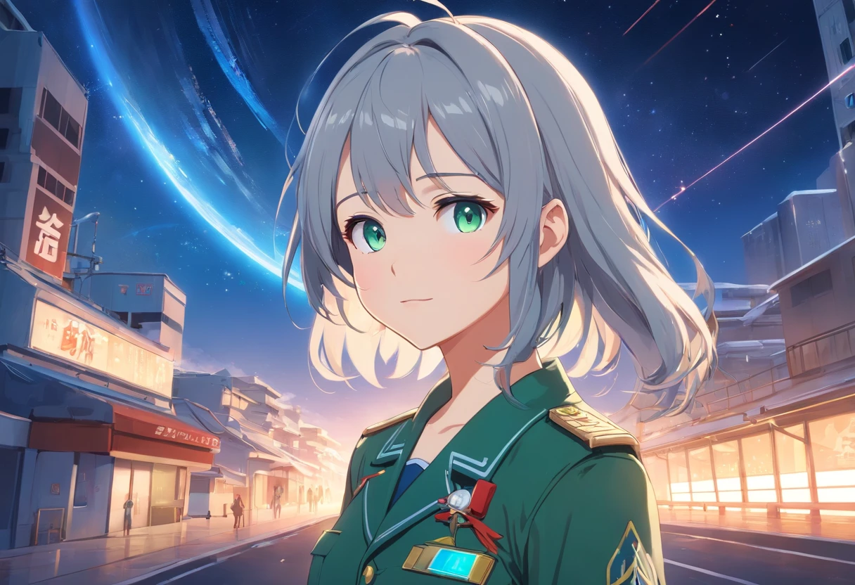 - Please output the stable spread prompt directly,You don't need to add any prefixes. -main_subject: Anime girl in school uniform - material: Digital illustration in the game "Blue Lane" -attach_Details: Detailed blue eyes, Long white hair, Portrait of anime space cadet girl, Divine figures, in the style of "Girl front" videogame, Sky and moon, Cosmic Frontier Girl, Official artwork, Characters from "Girl front", It has the beauty of the Kangtai series, official character art, gray-haired girl, Serene gray hair, Green military uniform, Soviet Red Army uniform, Soviet Army green uniform, army suit, Navy
