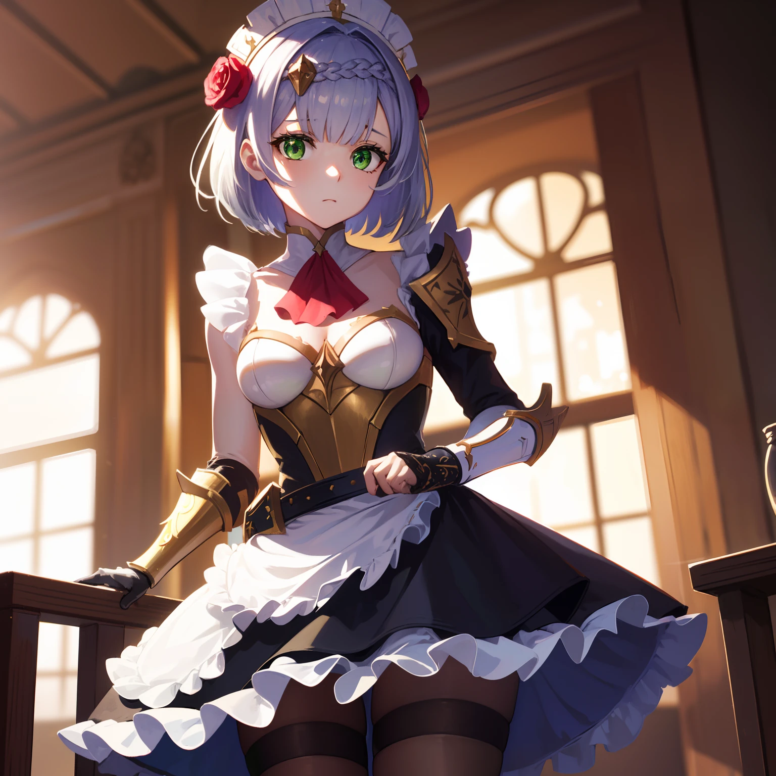Genshin Noel, Noelle, braid, flower, Hair Flower, Hair Ornament, Short hair, Silver hair, (Green eyes:1.5),
Break Apron, armor, ascot, Black pantyhose, Black skirt, Dress, gauntlets, gold trim, Head dress, Long sleeves, maid, maid apronl, Maid headdress, pantyhose, pauldrons, Shoulder Armor, Skirt, Strap, indoor
Watch your audience and take a break, (Cowboy Shot:1.5),
BREAK (masutepiece:1.2), Best Quality, High resolution, Unity 8k壁纸, (Illustration:0.8), (Beautiful detailed eyes:1.6), extra detailed face, Perfect Lighting, extremely details CG, (Perfect hands, Perfect Anatomy),
