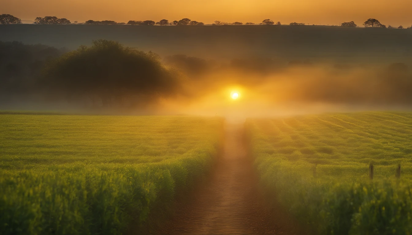 a yellow path in the middle of a green field, ((giant sun)),an ultrafine detailed painting by Daren Bader, shutterstock contest winner, neo-romanticism, soft mist, made of mist, deviantart,Fujifilm XT3,by Steve McCurry, by Alessio Albi, by Lee Jeffries, by Herb Ritts, by Jeremy Man,long shot,wide view, commercial photography