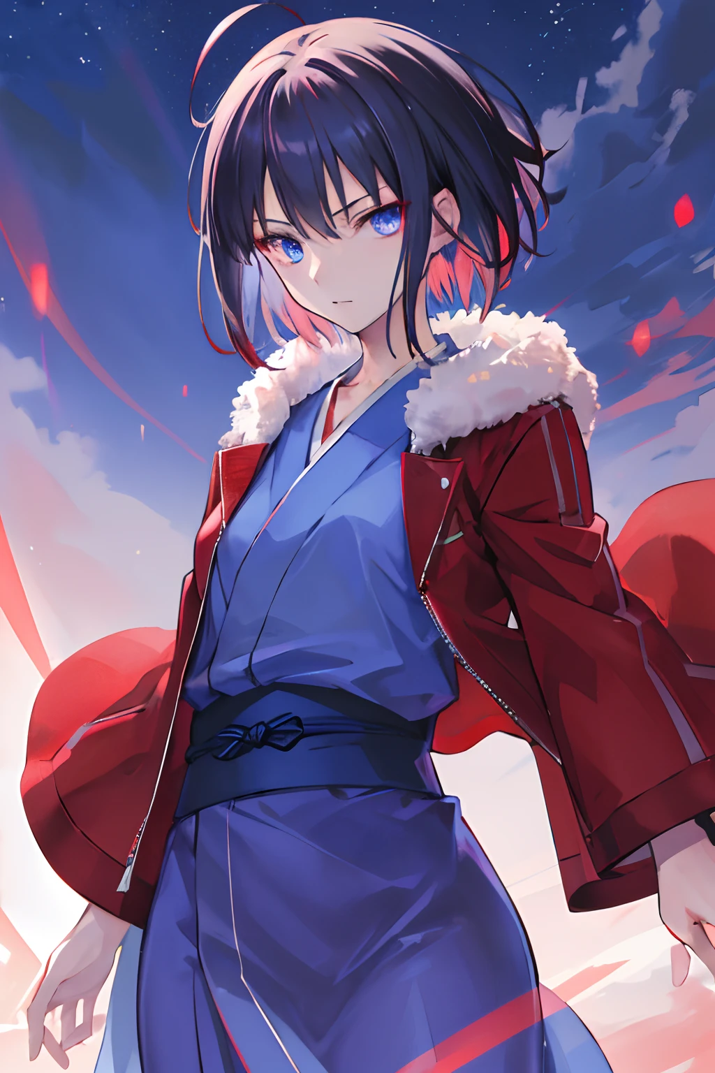 masutepiece, Best Quality, hight resolution, Humushiki, Short hair, Ahoge, Red jacket without emblem, Blue eyes, Blue kimono with long hem, Open your clothes, Fur trim, Glowing Iris Eye, Cowboy Shot, Outdoors, Night,