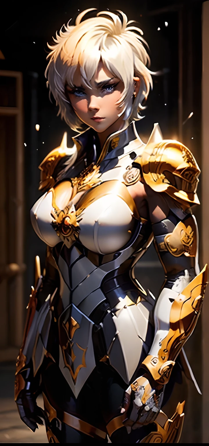 (( (tmasterpiece),(Very detailed CG Unity 8K wallpaper),best qualtiy,cinmatic lighting,细致背景,beatiful detailed eyes,Bright pupils,(Very fine and beautiful),(Beautiful and detailed eyes description),ultra - detailed,tmasterpiece,hight resolution)), Curly, Richly decorated armor, a beautiful woman warrior, (a pixie cut:1.4, Platinum Blonde Hair), cleavage of the breast