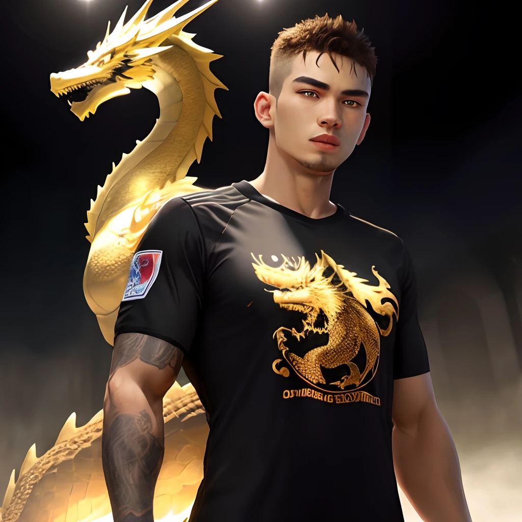 Camisa de time, da cor preto e dourado, with a golden dragon behind him