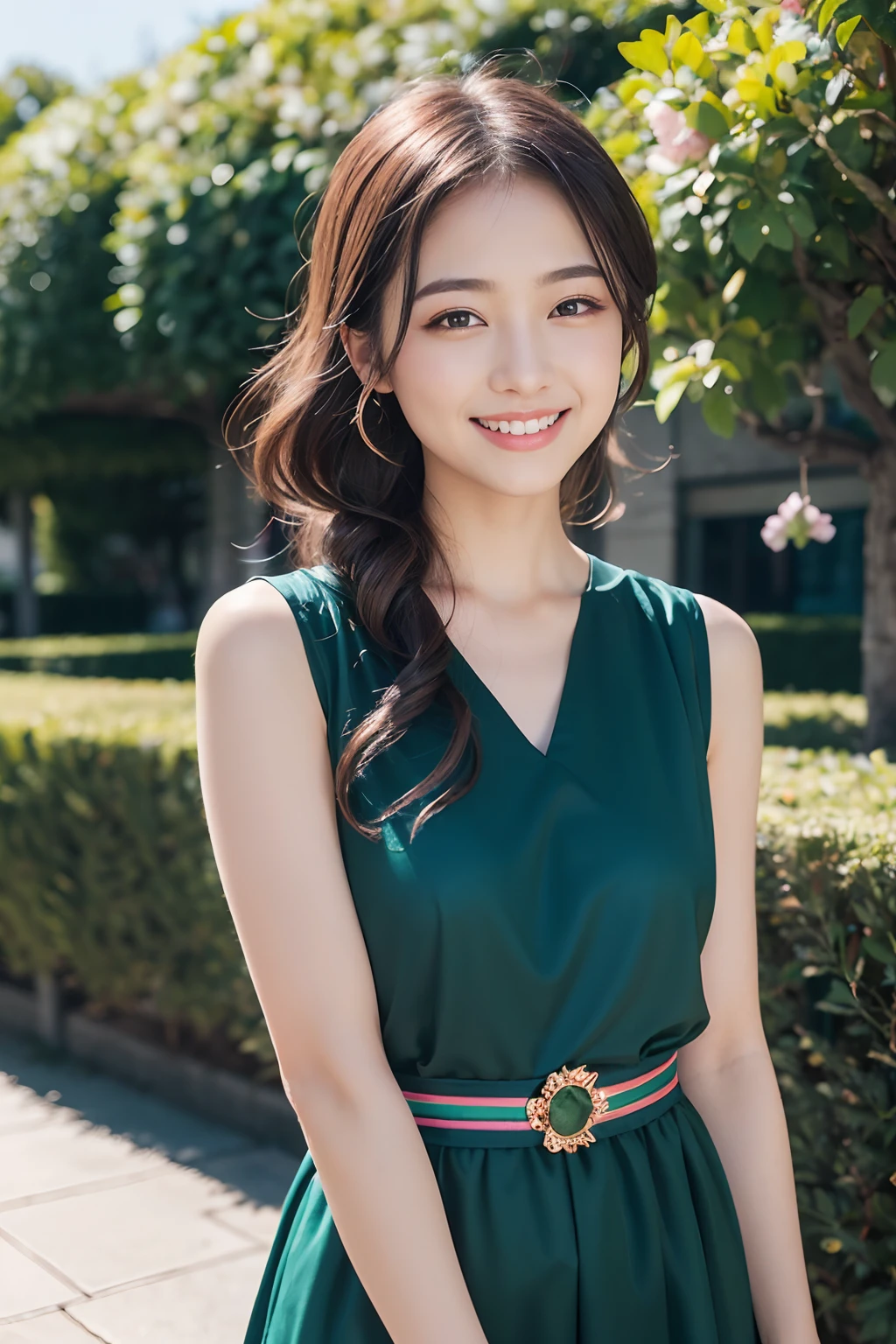 (8K,Raw photo、Raw photo、top-quality、Master masterpiece:1.2)、ultra-detailliert、Super Resolution、(Photorealsitic:1.3)、Angle to shoot from the front、Clearly draw shades of light、high resolution RAW color photos、professional photograpy、Same skin type as humans、Female proofreading of Japan、Blur the background、Draws faithfully to anatomy、Very detailed and beautiful、Ultra-high image quality、long、Hair swaying and sexy、Very detailed beautiful girl、（Pink Eye Shadow）、smil、Loosely curly hair、Bouquet of roses、silk dresses、Flower garden、blue-sky、