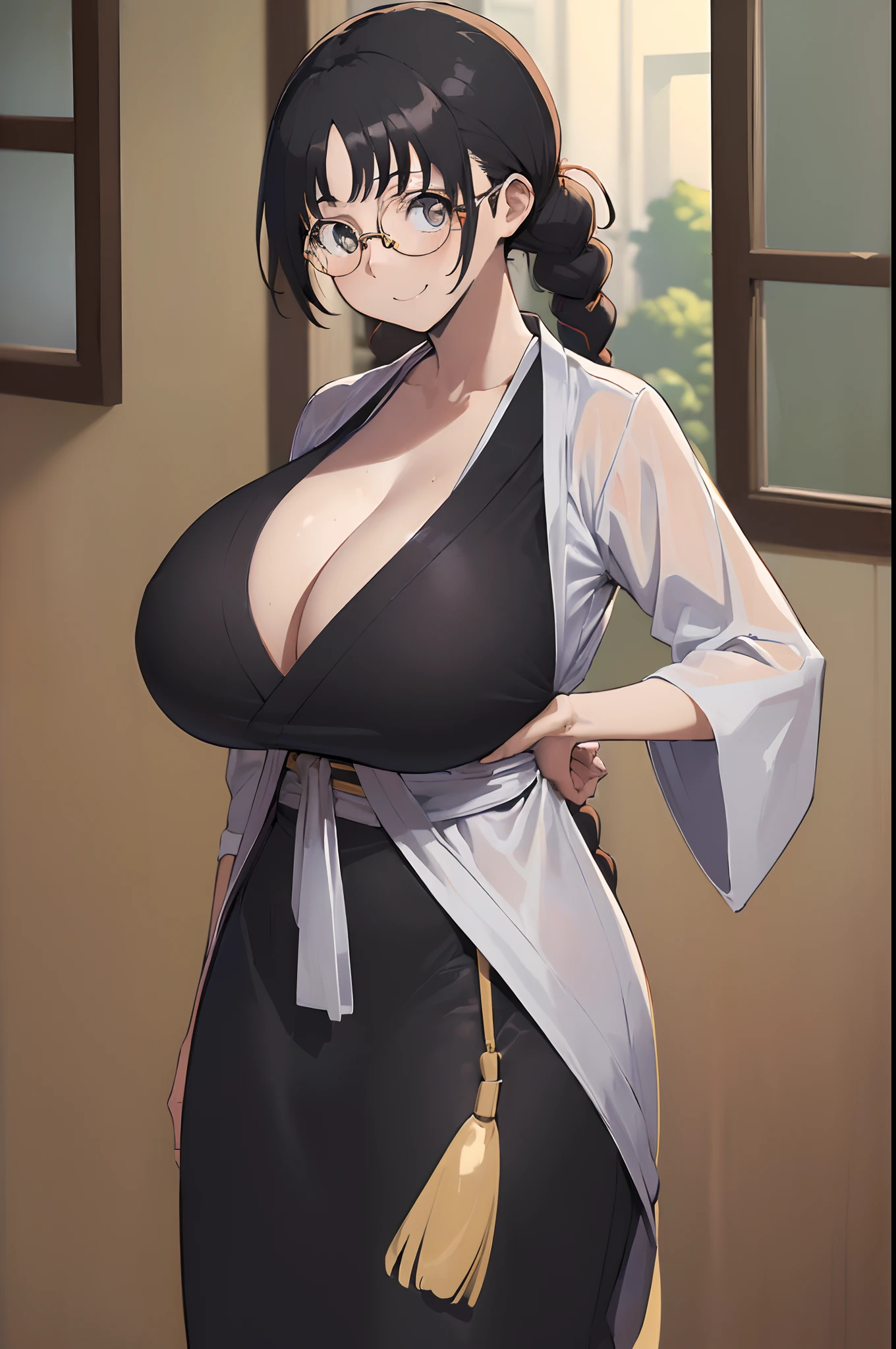 ((Masterpiece:1.4, best qualtiy:1.4, high resolution:1.4)), Katori, cleavage，1girll, Solo, Black hair, Glasses, Single braid, Huge breast, Japanese clothes, Smile, standing, arms back behind, Cowboy shot, adjusting eyewear