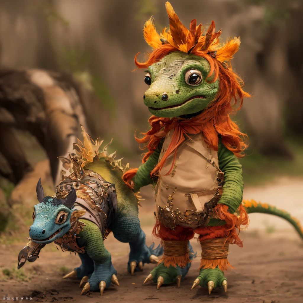 Monitor lizard 32K，Phoenix Immortal Demon Realm, Chance encounter with Liu Hanshu,tmasterpiece, Better quality, Still photography,muppet，There are terriers，Linen coarse rag doll holding puppet triceratops dinosaur，The animal images are super vivid and cute，sprout，intelligent，Crayon texture light doll，200 Creativity，depth of fields,Puppet dinosaurs with orange-red woolly wolves