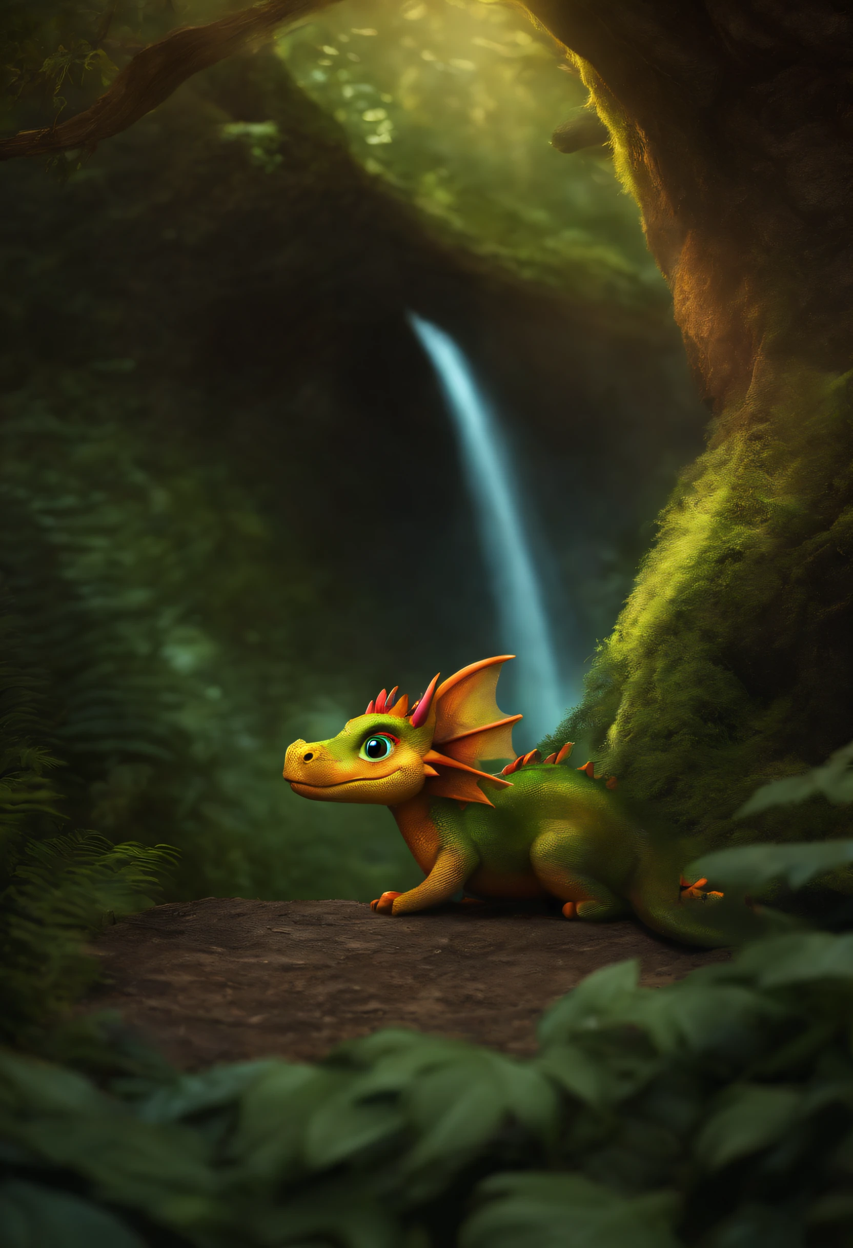 Ember the dragon lived in a small cave in the forest. She was a curious and adventurous dragon, and she loved to explore the woods around her. One day, Ember was exploring a new part of the forest when she came across a strange hole in the ground.