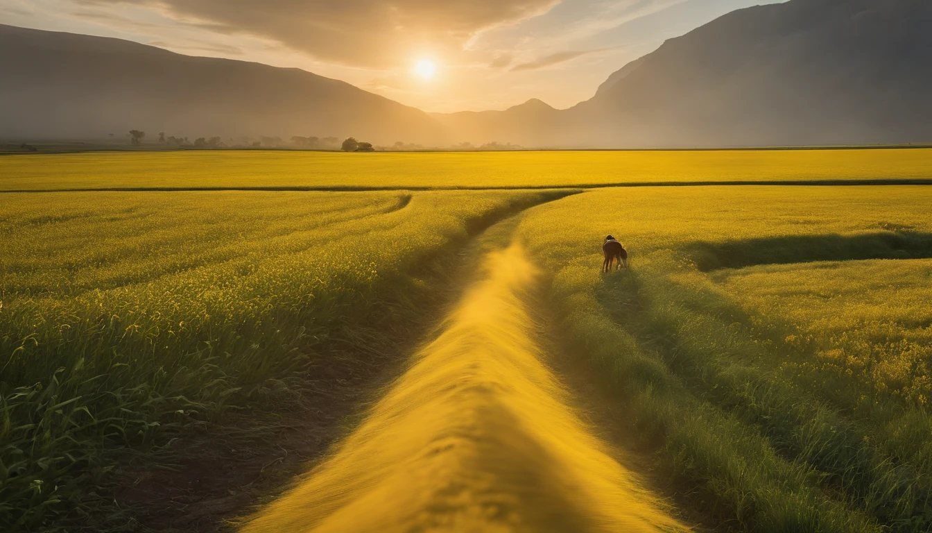 a yellow path in the middle of a green field, ((giant sun)),an ultrafine detailed painting by Daren Bader, shutterstock contest winner, neo-romanticism, soft mist, made of mist, deviantart,Fujifilm XT3,by Steve McCurry, by Alessio Albi, by Lee Jeffries, by Herb Ritts, by Jeremy Man,long shot,wide view, commercial photography