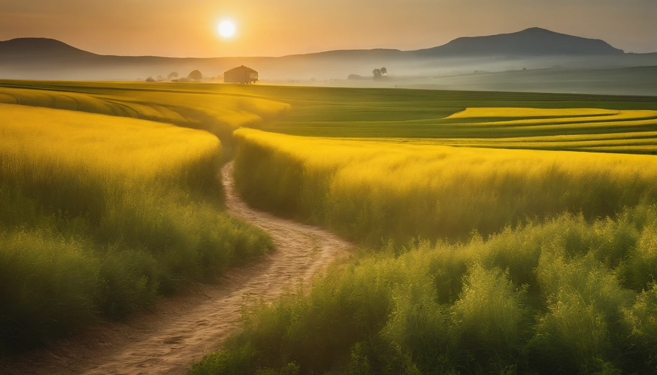 a yellow path in the middle of a green field, ((giant sun)),an ultrafine detailed painting by Daren Bader, shutterstock contest winner, neo-romanticism, soft mist, made of mist, deviantart,Fujifilm XT3,by Steve McCurry, by Alessio Albi, by Lee Jeffries, by Herb Ritts, by Jeremy Man，long shot,wide view, commercial photography