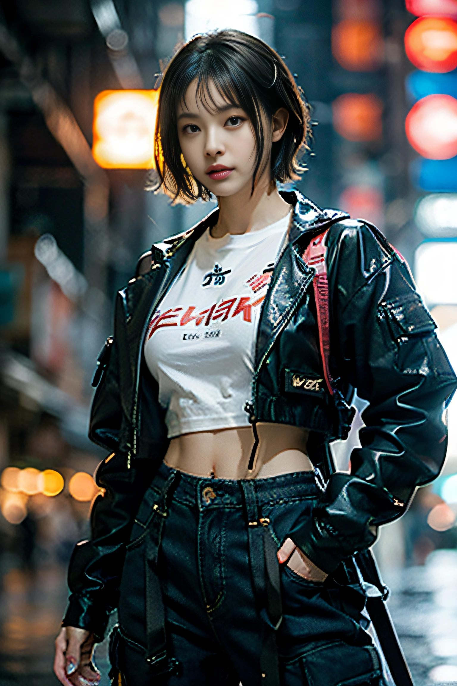 (masterpiece:1.2), (realistic, photo realistic:1.37), perfect anatomy, highly detailed background, shiny skin, (Japanese famous actress:1.5), (gyaru), flat chest, brown race, dark skin, blond hair, (very short hair:1.2), cinematic lighting, (dynamic Pose:1.5), cowboy shot, denim pants, (urban techwear:1.5), (wet hair, a wet cloth, water drop on the skin:1.1), (cyberpunk city, neon, lasers:1.3),