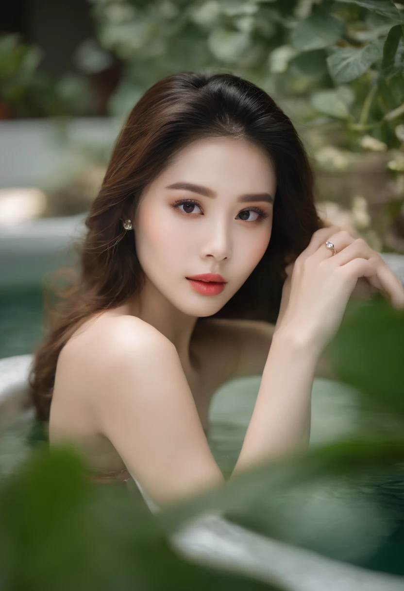 J woman lying in indoor swimming pool、Wearing a high neck bikini with animal print、Cute and attractive woman、Beautiful woman about 20 years old、stunningly beautiful woman、Mature、Hair is shiny and brownish、Hair about waist length、Mature hairstyles、Each hair is delicate、Beautiful and attractive face、kawaii faces、The face of the masterpiece、The best beauties with a balanced face、Eyes are balanced between white and black eyes、Double beautiful black eyes、perfect eyes、Big eyes、attractive thick lips、Slightly pink lipstick、Five fingers of both hands very beautiful and clear fingertips、Head that fits in the frame、Angle from diagonally forward、Head to knee photo、 6 body shape、Balanced body、Amazingly elegant、close to perfection、Dynamic、The body is slender, but very erotic、smooth and beautiful body contours,、toned waist、Symmetrical and balanced body arrangement、Big G Cup Bust、Background with green and animals、Indoor swimming pool、houseplant、Photographic Style、high-level image quality