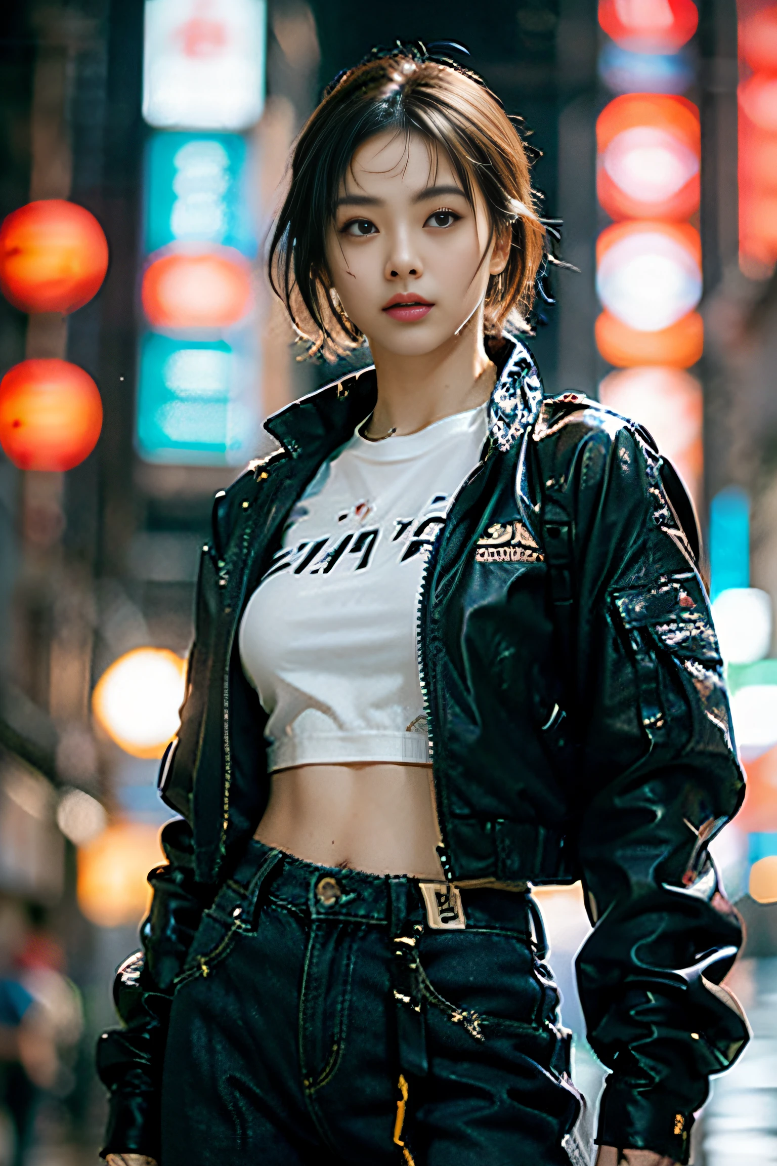 (masterpiece:1.2), (realistic, photo realistic:1.37), perfect anatomy, highly detailed background, shiny skin, (Japanese famous actress:1.5), (gyaru), flat chest, brown race, dark skin, blond hair, (very short hair:1.2), cinematic lighting, (dynamic Pose:1.5), cowboy shot, denim pants, (urban techwear:1.5), (wet hair, a wet cloth, water drop on the skin:1.1), (cyberpunk city, neon, lasers:1.3),