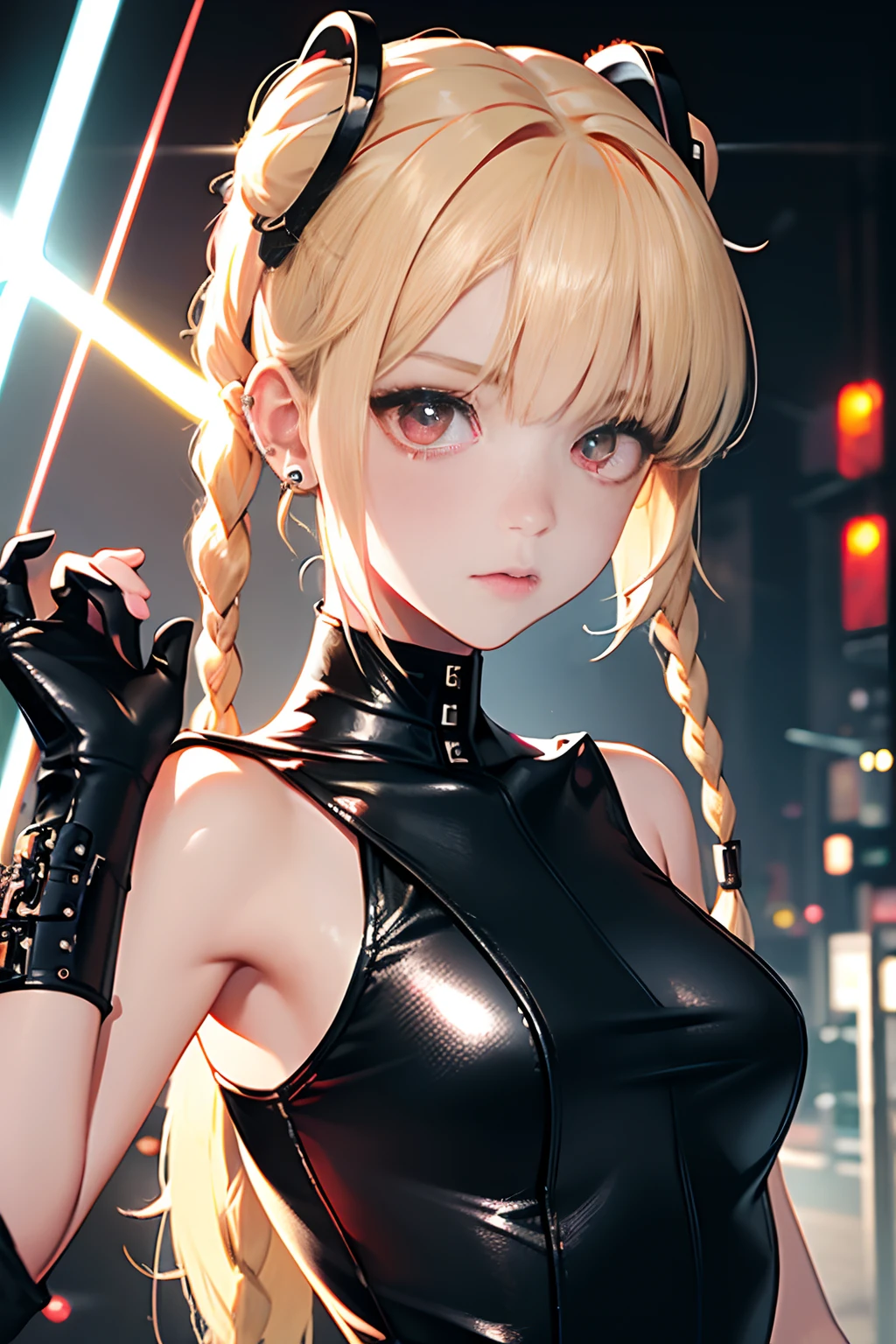 optimum，tmasterpiece，hight resolution，best qualtiy，hyper HD，super detailing，awardwinning，16 K，独奏，（The upper part of the body），anatomy correct，Beautiful cyberpunk girl，cute  face，，a blond、Longhaire、Twin-tailed、Braids, Hairline，（（scarlet eyes）），long eyelasher，Hanging eye corners，White skin of the，（small tit），（Slim body），（（Women's Super Short Shawl Leather Jacket）），（（bikesuit）），Ear studs，（neck rings），（Laser material clothing：1.2）