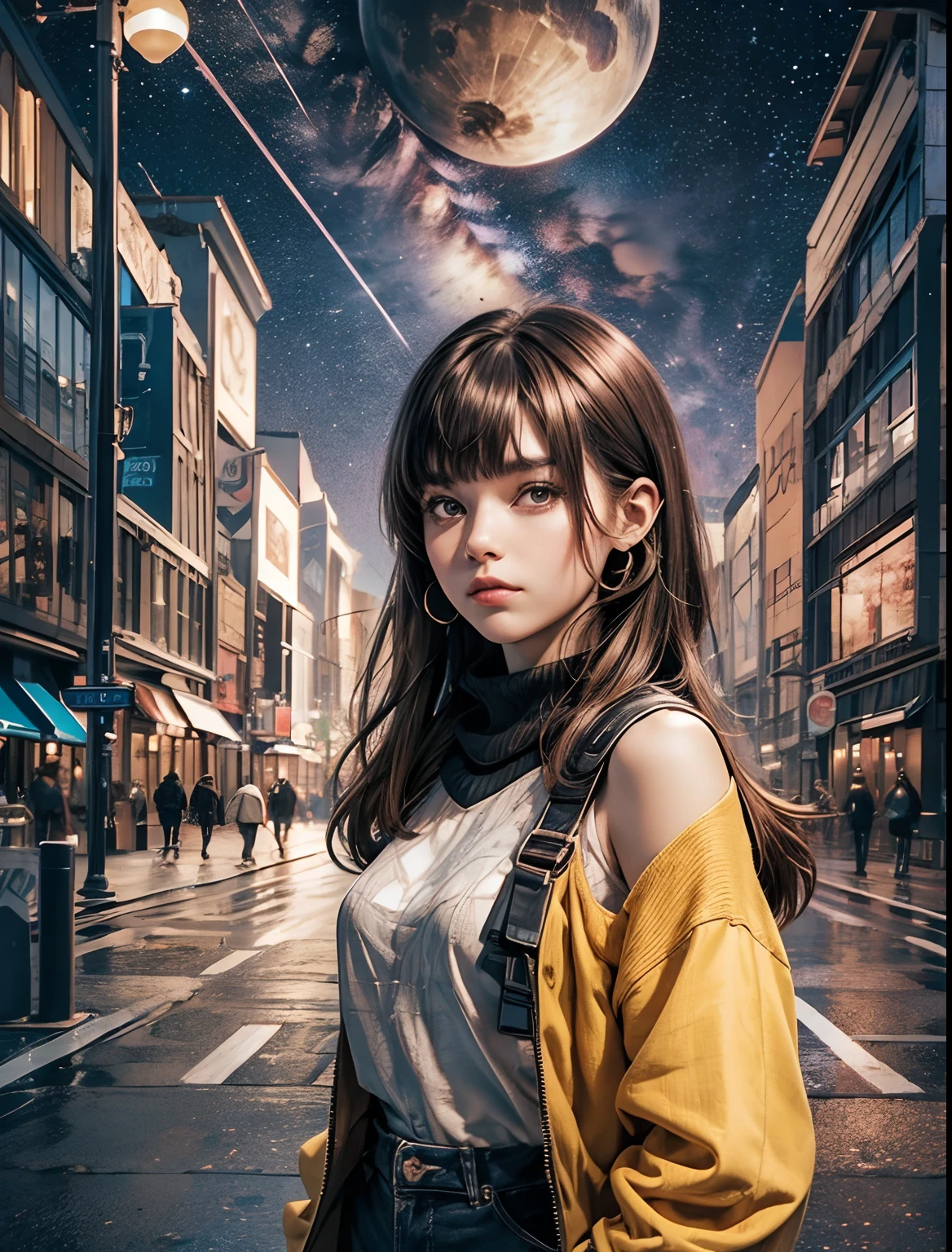 An image of the upper body of a woman. An image of a wormhole in the space behind the woman. An image of a parallel world in the background of the woman. A beauty in her late s. Her bangs are down. Shoulder-length brown hair . Modern clothes. Standing in the middle of a night city with a serious expression. ((( Images of multiple parallel worlds overlapping the human background.))) 8K image quality.