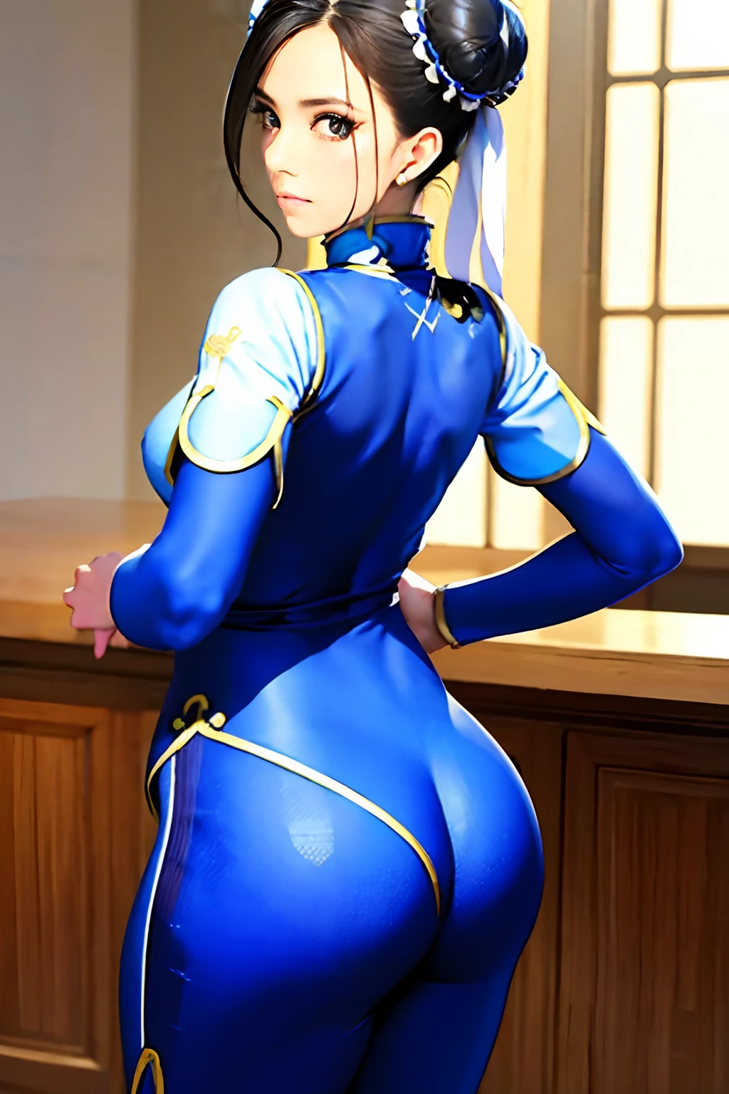Masterpiece, 8k, ultrahd, 1girl, double bun hair, white cheongsam, blue spandex legging, butt to camera