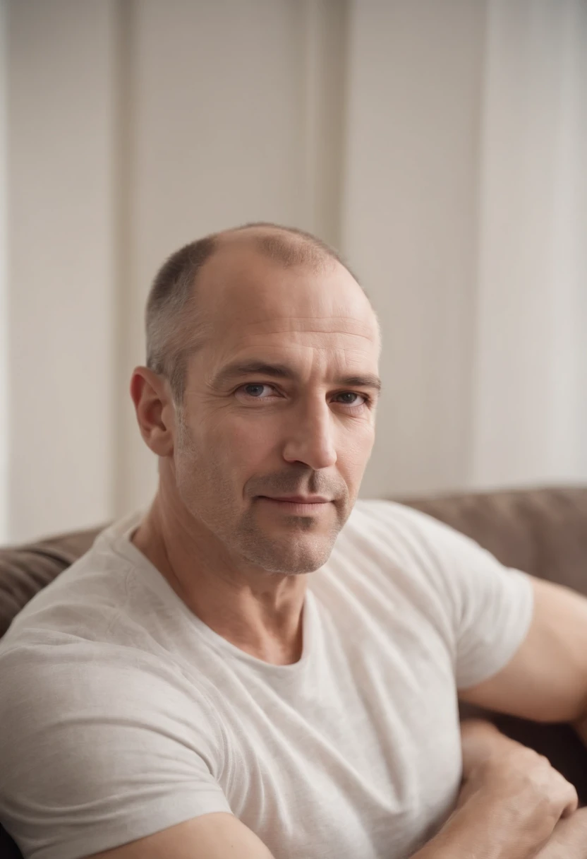 American man, middle aged Photorealistic Masterpice on sofa, wearing t-shirt,without any light, Perfect Full Body, Perfect Face, HD, distance frame