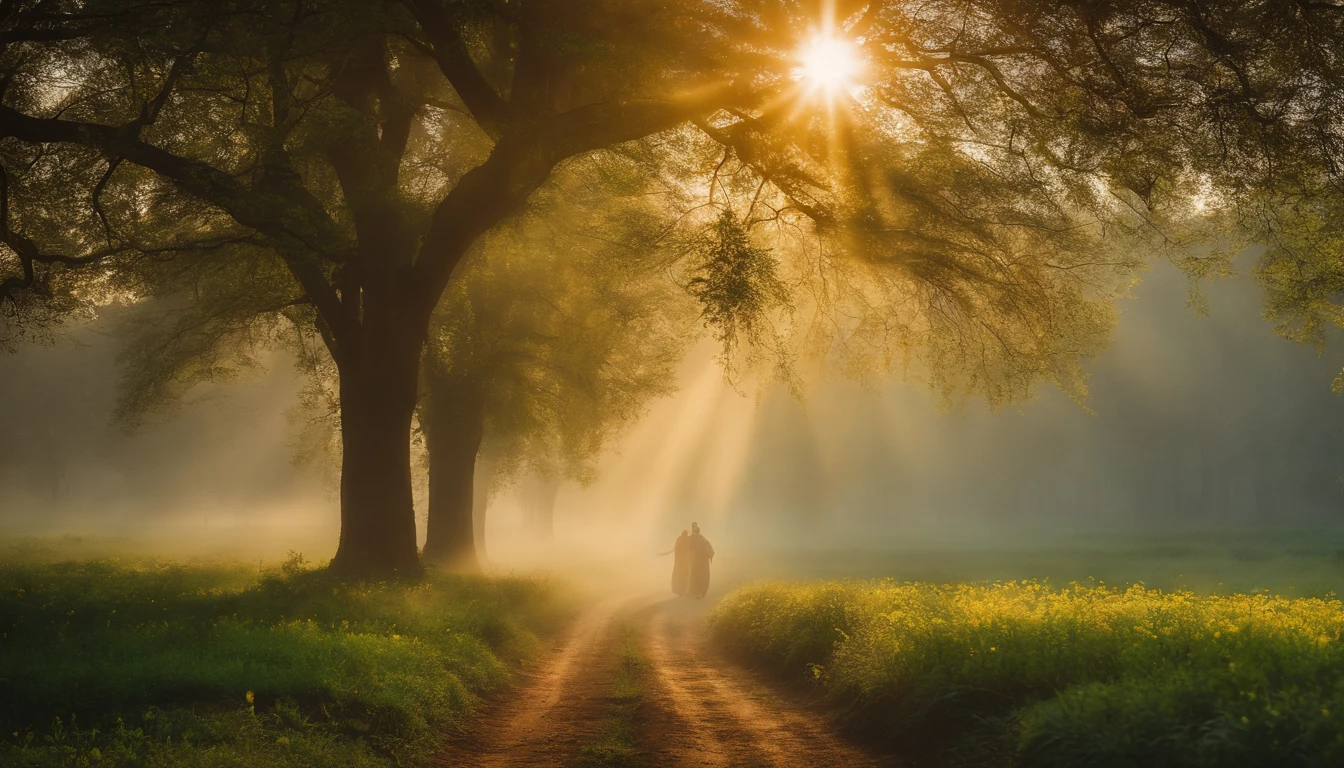 a yellow path in the middle of a green field, ((giant sun)),an ultrafine detailed painting by Daren Bader, shutterstock contest winner, neo-romanticism, soft mist, made of mist, deviantart,Fujifilm XT3,by Steve McCurry, by Alessio Albi, by Lee Jeffries, by Herb Ritts, by Jeremy Man，long shot,wide view, commercial photography