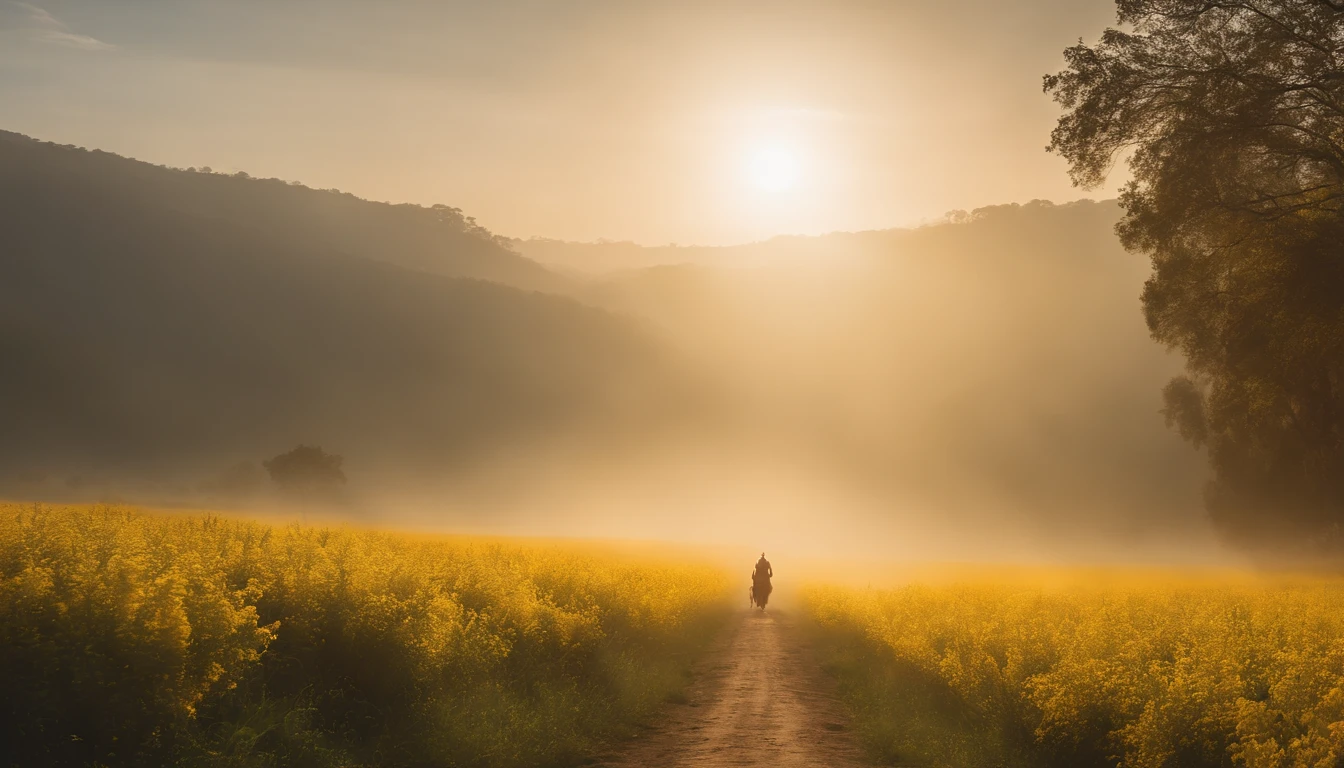a yellow path in the middle of a green field, ((giant sun)),an ultrafine detailed painting by Daren Bader, shutterstock contest winner, neo-romanticism, soft mist, made of mist, deviantart,Fujifilm XT3,by Steve McCurry, by Alessio Albi, by Lee Jeffries, by Herb Ritts, by Jeremy Man，long shot,wide view, commercial photography