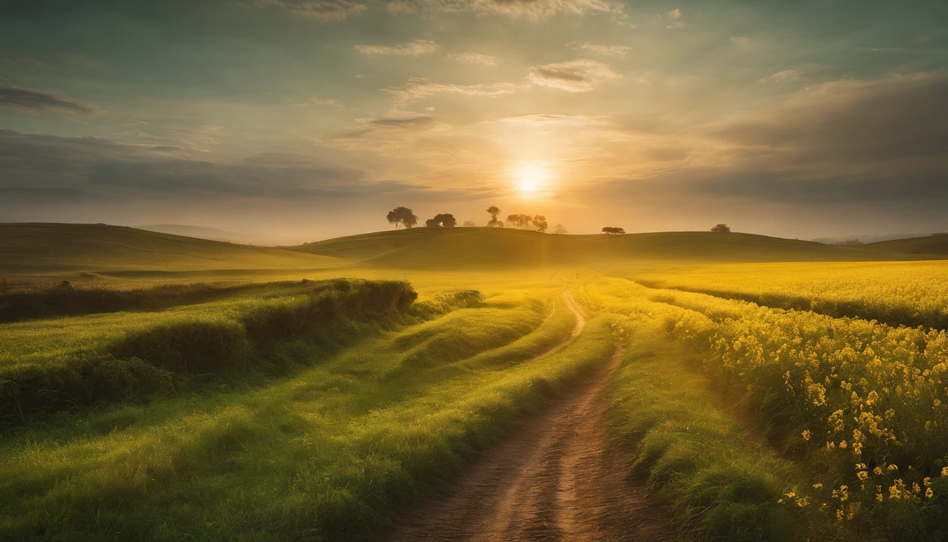 a yellow path in the middle of a green field, ((giant sun)),an ultrafine detailed painting by Daren Bader, shutterstock contest winner, neo-romanticism, soft mist, made of mist, deviantart,Fujifilm XT3,by Steve McCurry, by Alessio Albi, by Lee Jeffries, by Herb Ritts, by Jeremy Man,long shot,wide view, commercial photography