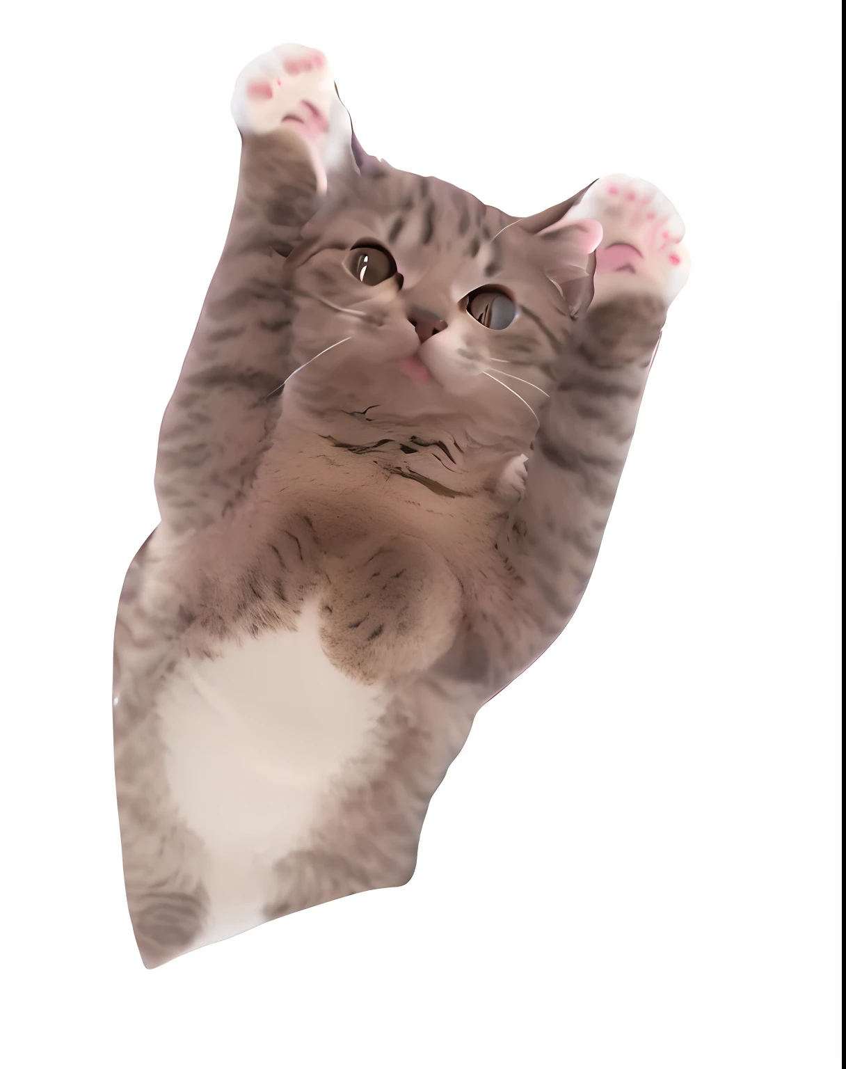 There was a cat with its paws raised, whole cat body, on clear background, without text, telegraph stickers, cat is floating in air, meme template, cat design, shaped picture, twitch emote, Extremely realistic, cat photo, funny cat, ( Ultra photo realsisim ), cat head, cat merged elephant head cow, anthropomorphic female cat