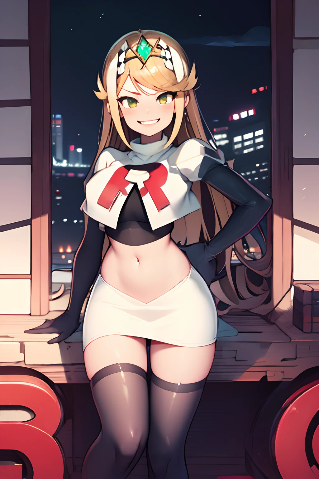 mythra,team rocket,team rocket uniform, red letter R, white skirt,white crop top,black thigh-highs,black elbow gloves, sinister grin