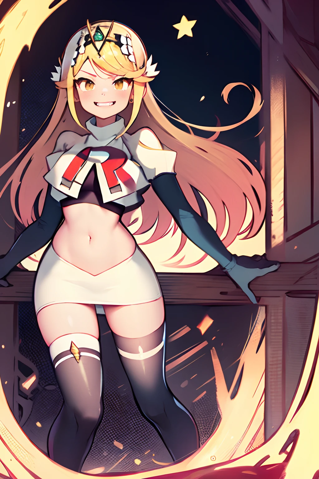 mythra,team rocket,team rocket uniform, red letter R, white skirt,white crop top,black thigh-highs,black elbow gloves, sinister grin